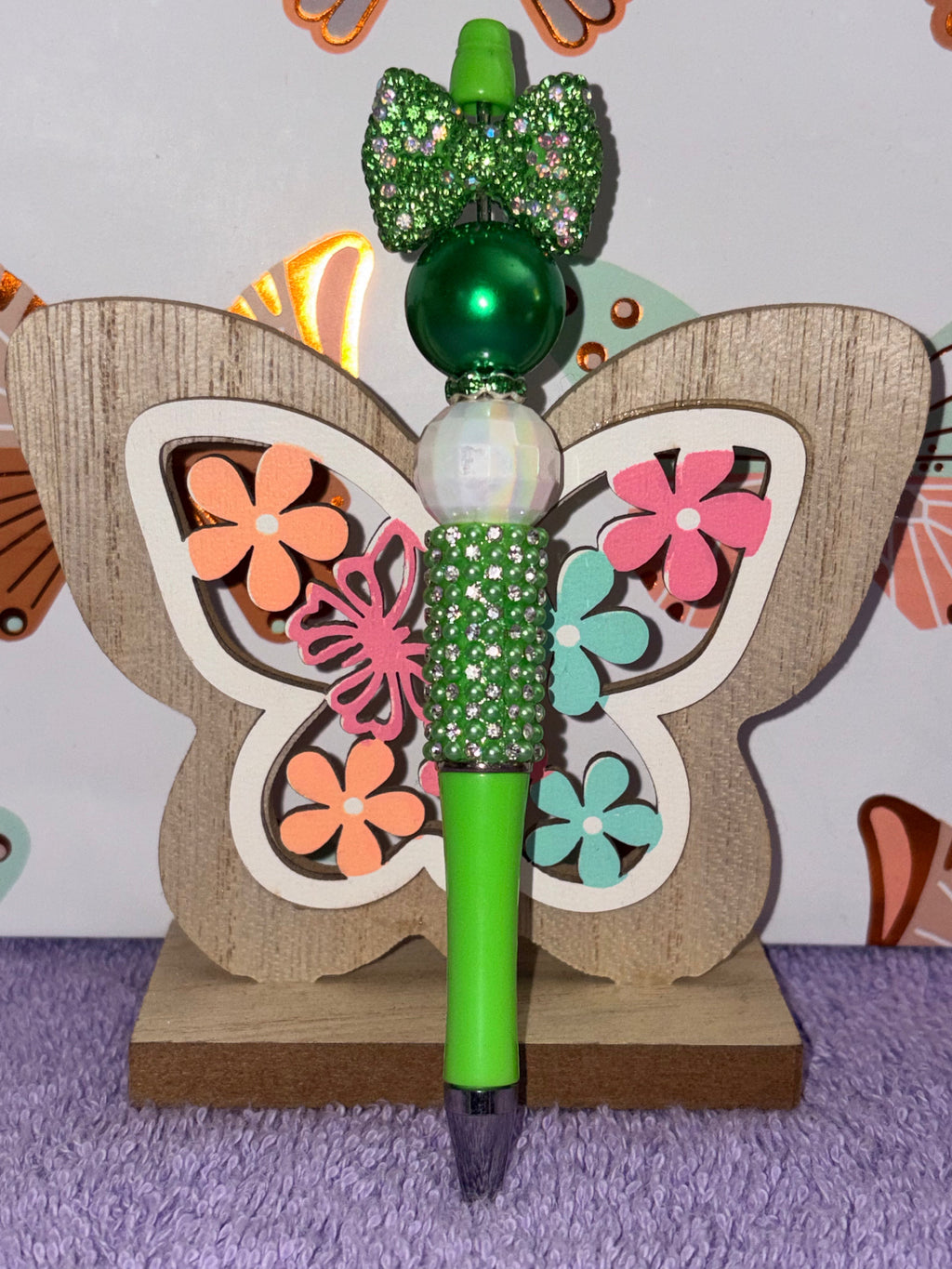 Green Bow Rhinestone Beaded Pen