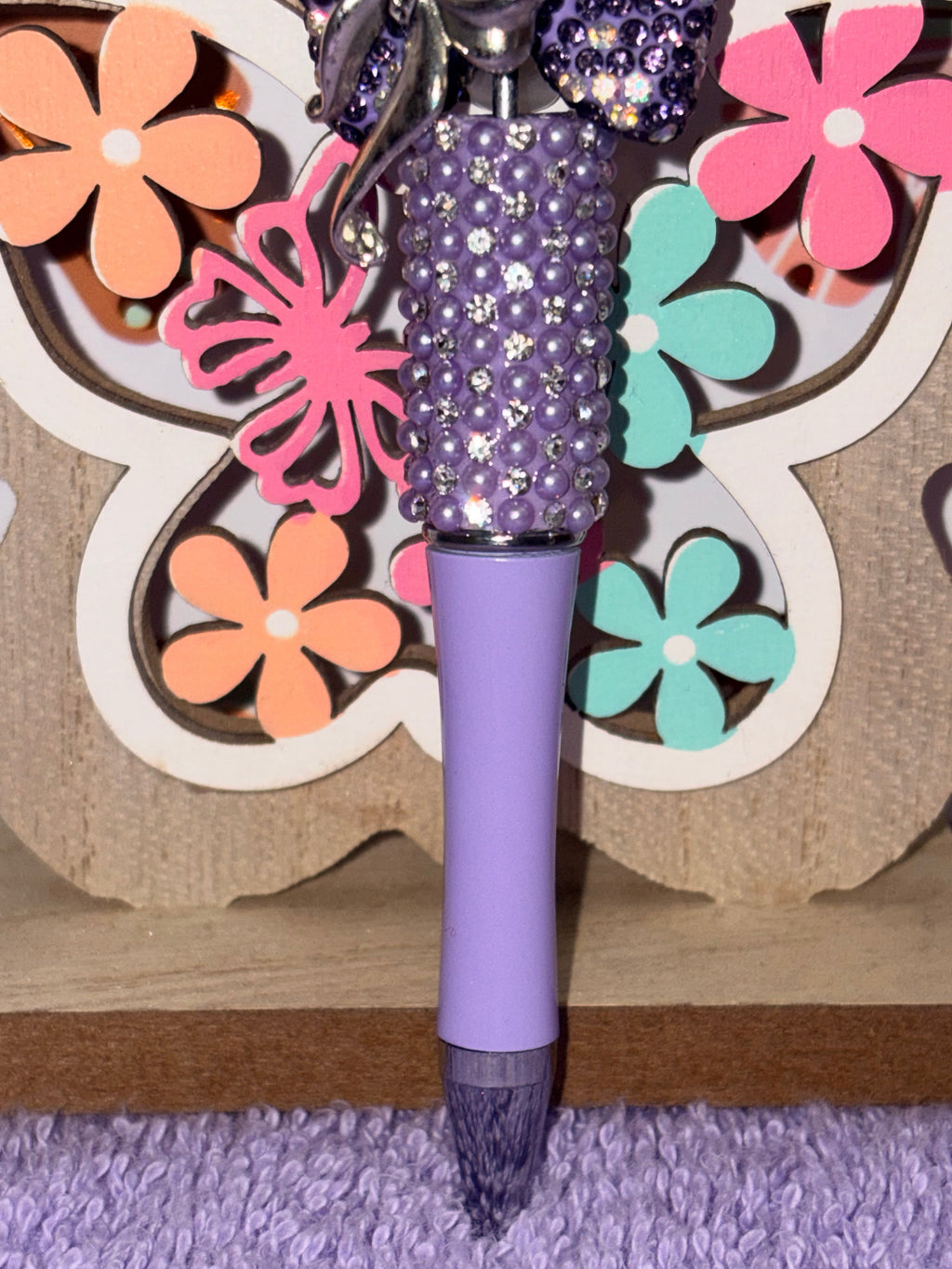 Purple Rose Bow Rhinestone Beaded Pen