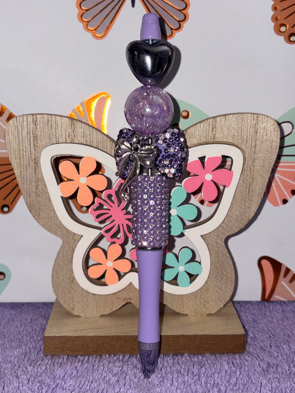Purple Rose Bow Rhinestone Beaded Pen