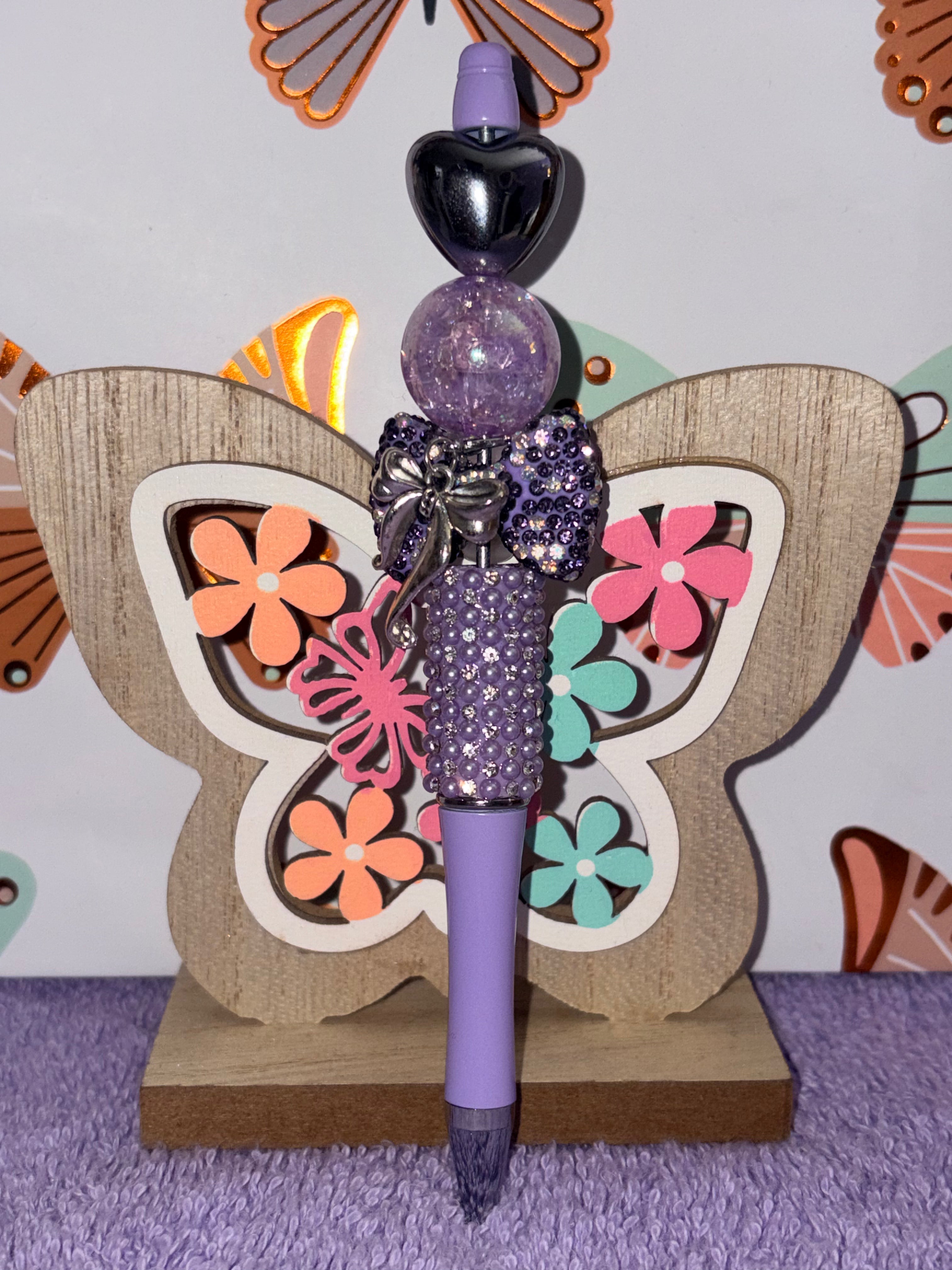 Purple Rose Bow Rhinestone Beaded Pen