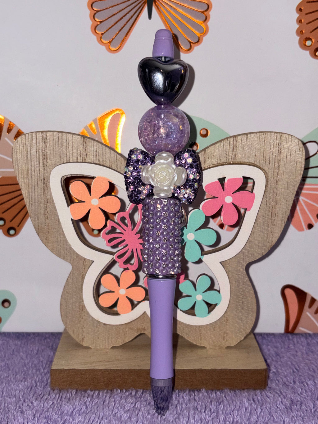 Purple Rose Bow Rhinestone Beaded Pen