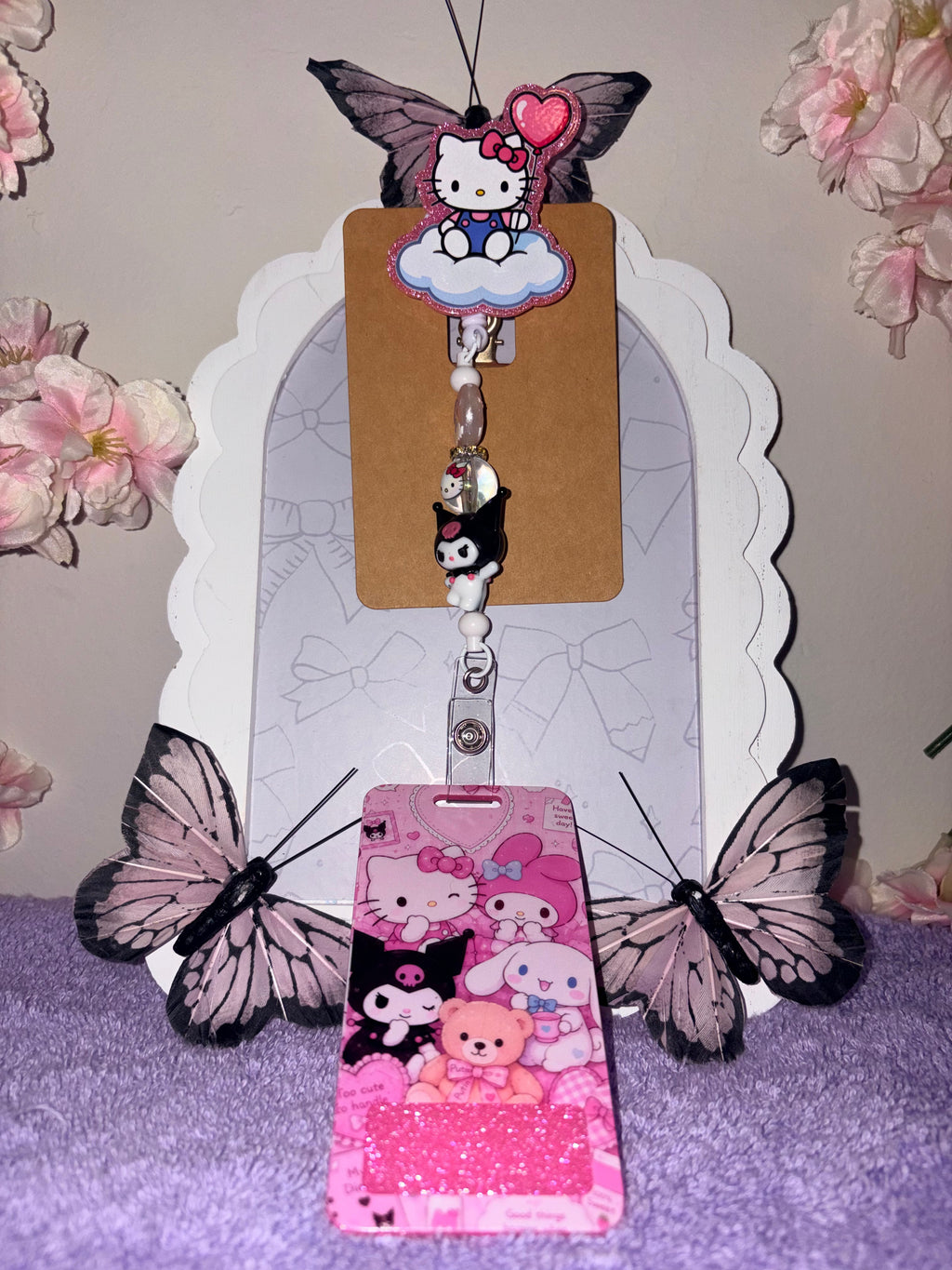 Hello Kitty Cloud Balloon & Kuromi Beaded Badge Reel + Sanrio Card Holder Set