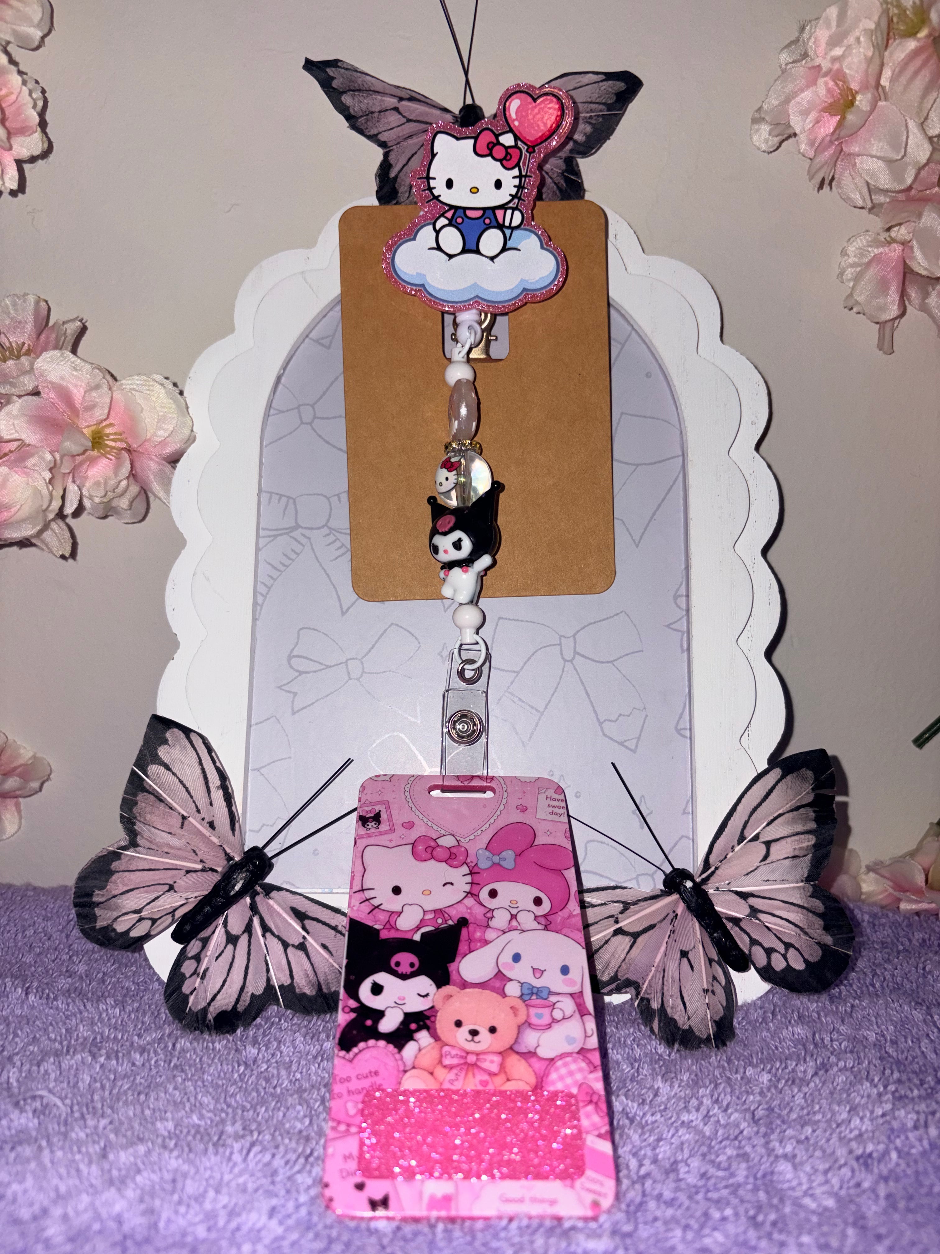 Hello Kitty Cloud Balloon & Kuromi Beaded Badge Reel + Sanrio Card Holder Set