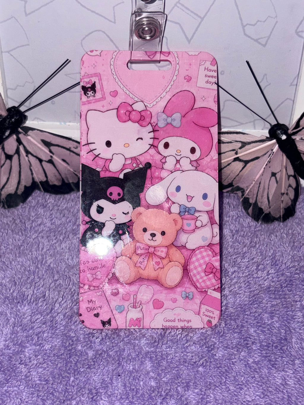 Hello Kitty Cloud Balloon & Kuromi Beaded Badge Reel + Sanrio Card Holder Set