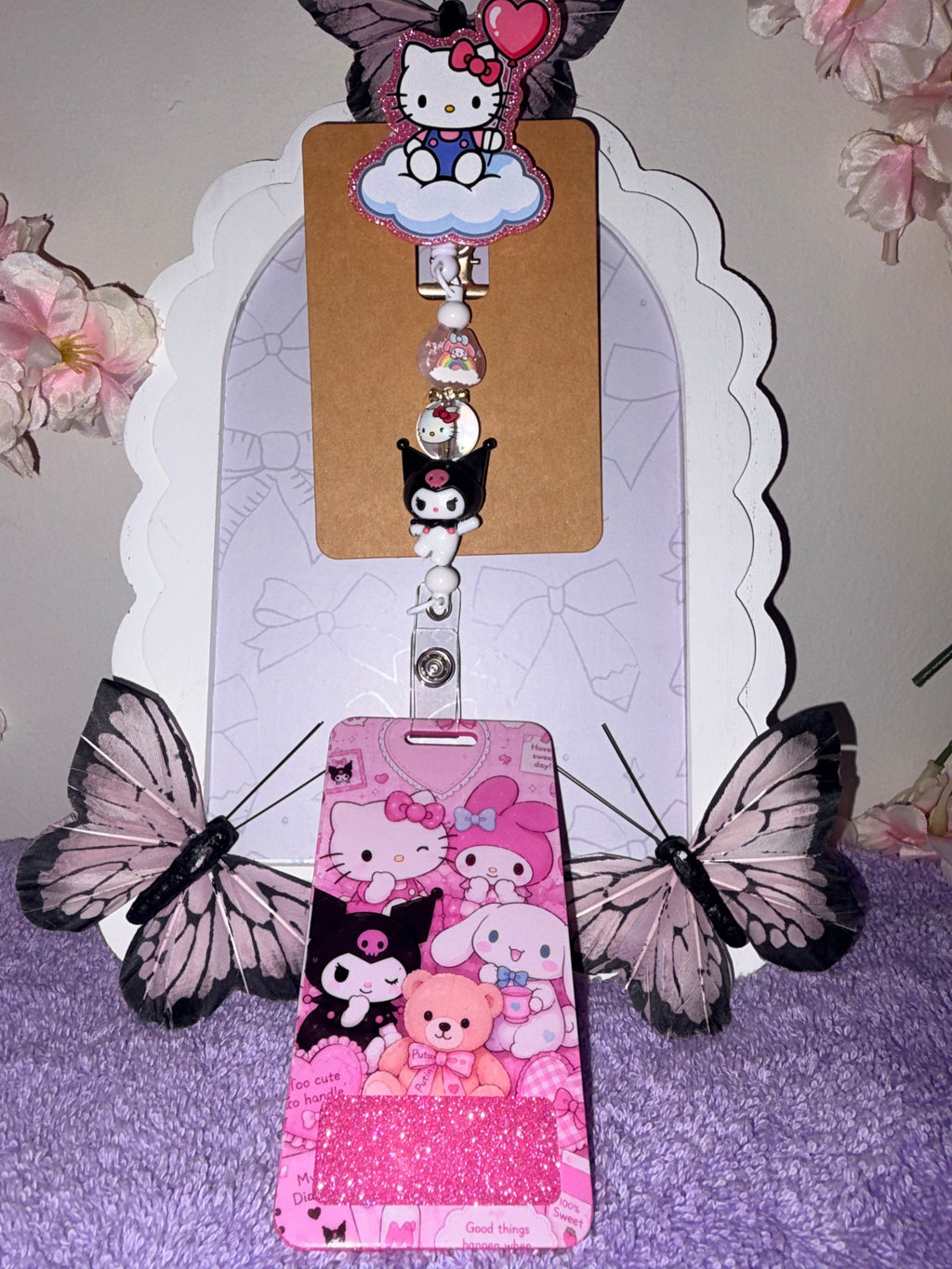 Hello Kitty Cloud Balloon & Kuromi Beaded Badge Reel + Sanrio Card Holder Set