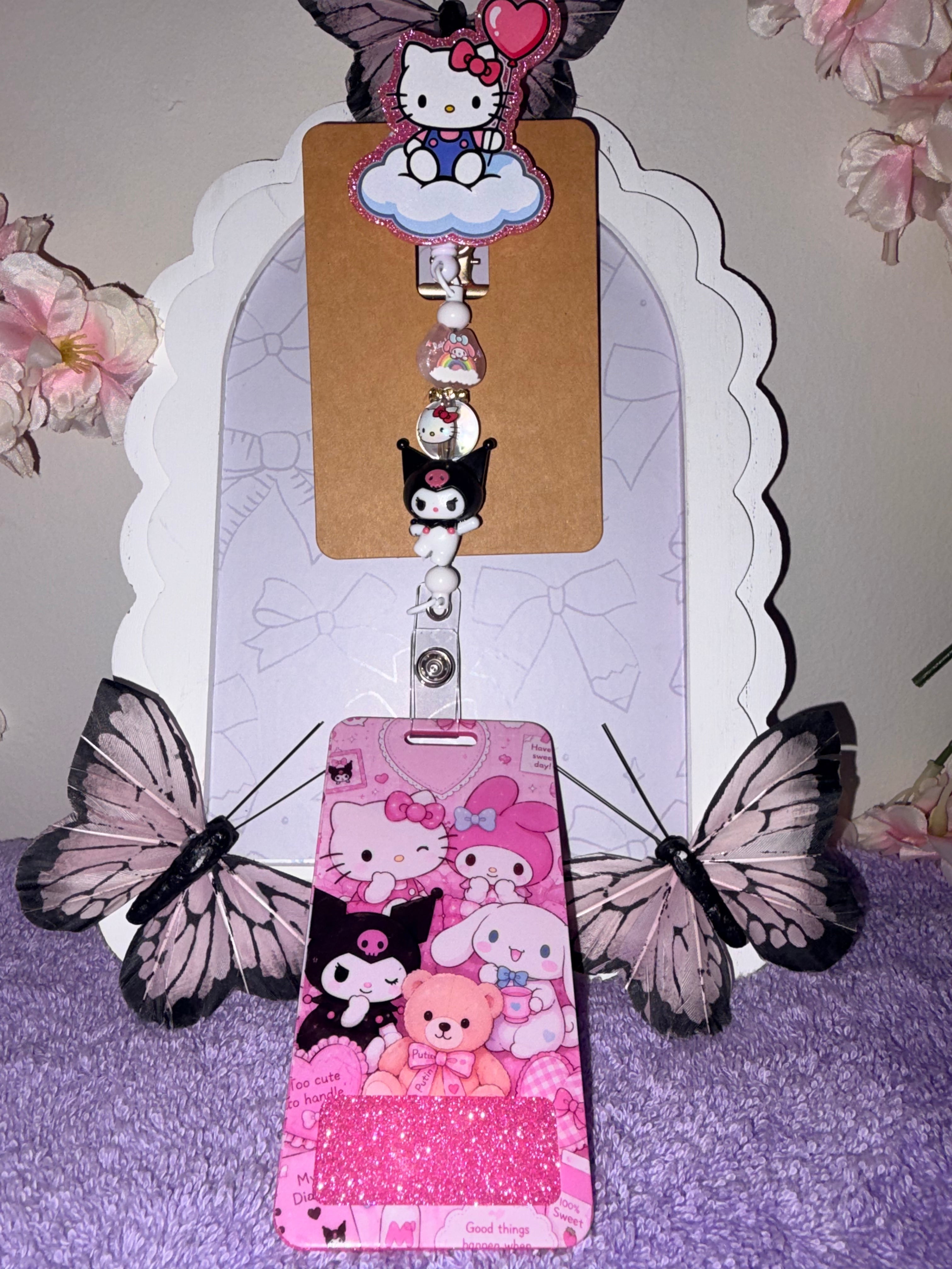 Hello Kitty Cloud Balloon & Kuromi Beaded Badge Reel + Sanrio Card Holder Set
