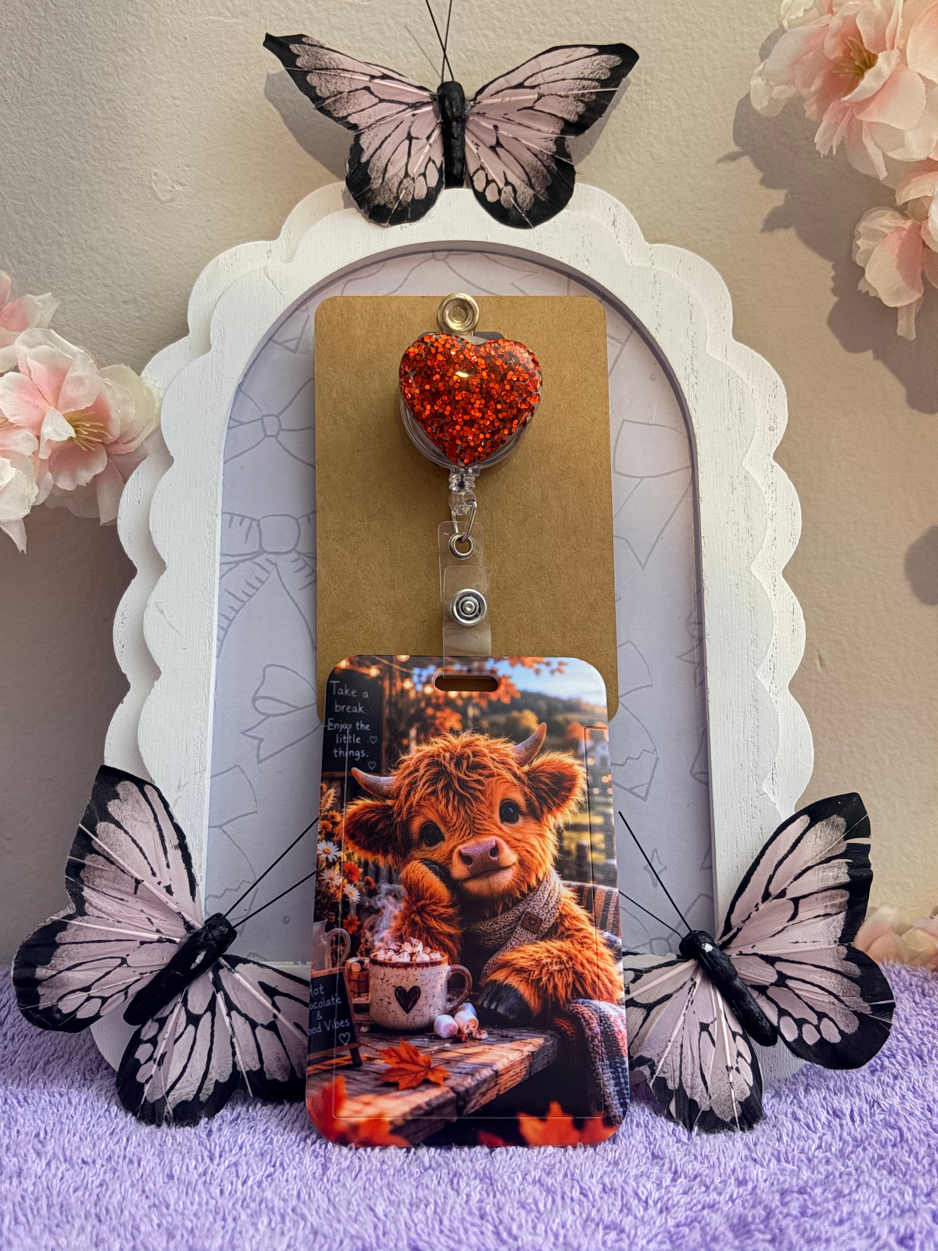 Highland Cow Hot Chocolate Red Glitter Heart Badge Reel & Card Holder Set