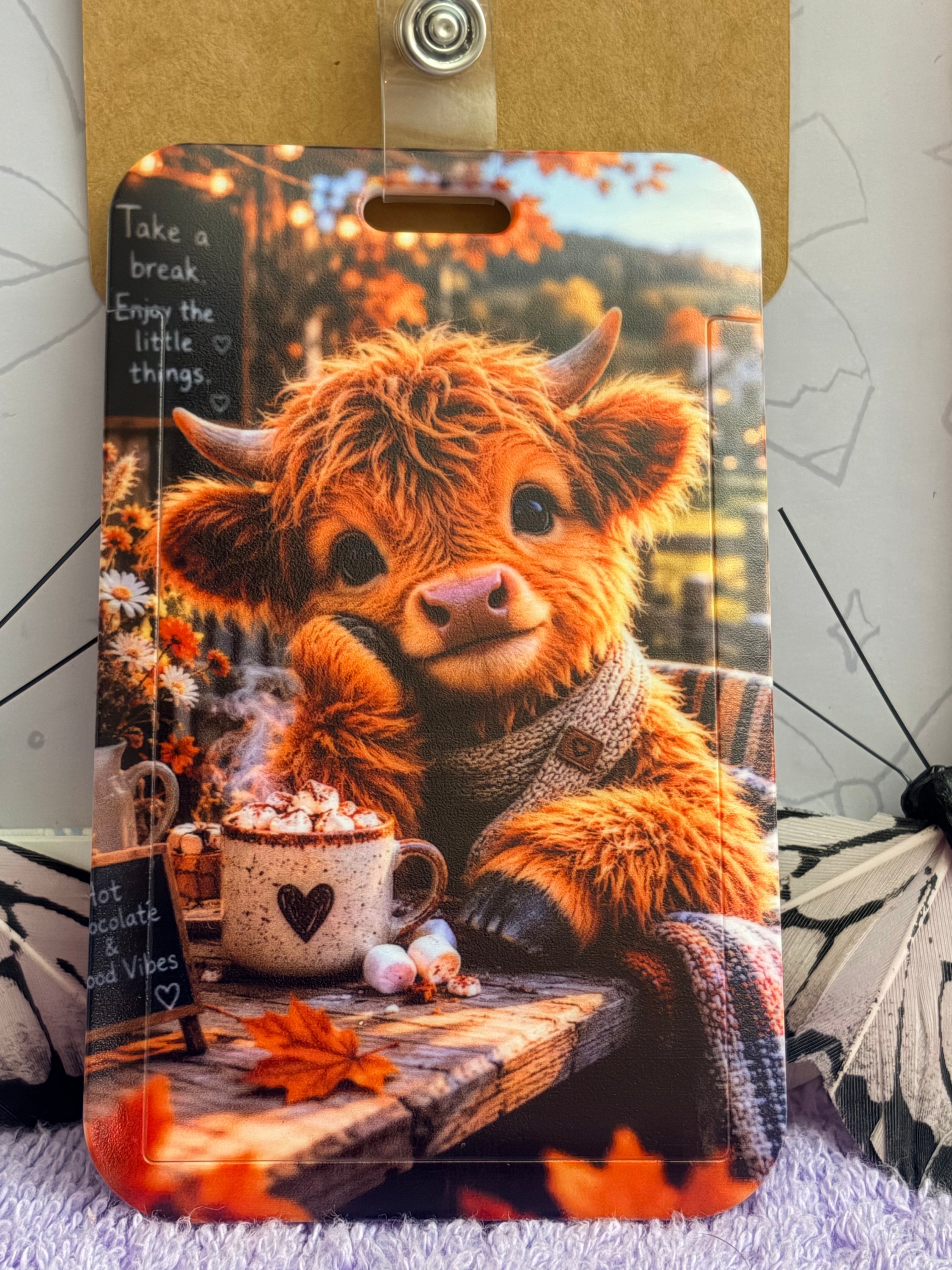 Highland Cow Hot Chocolate Red Glitter Heart Badge Reel & Card Holder Set