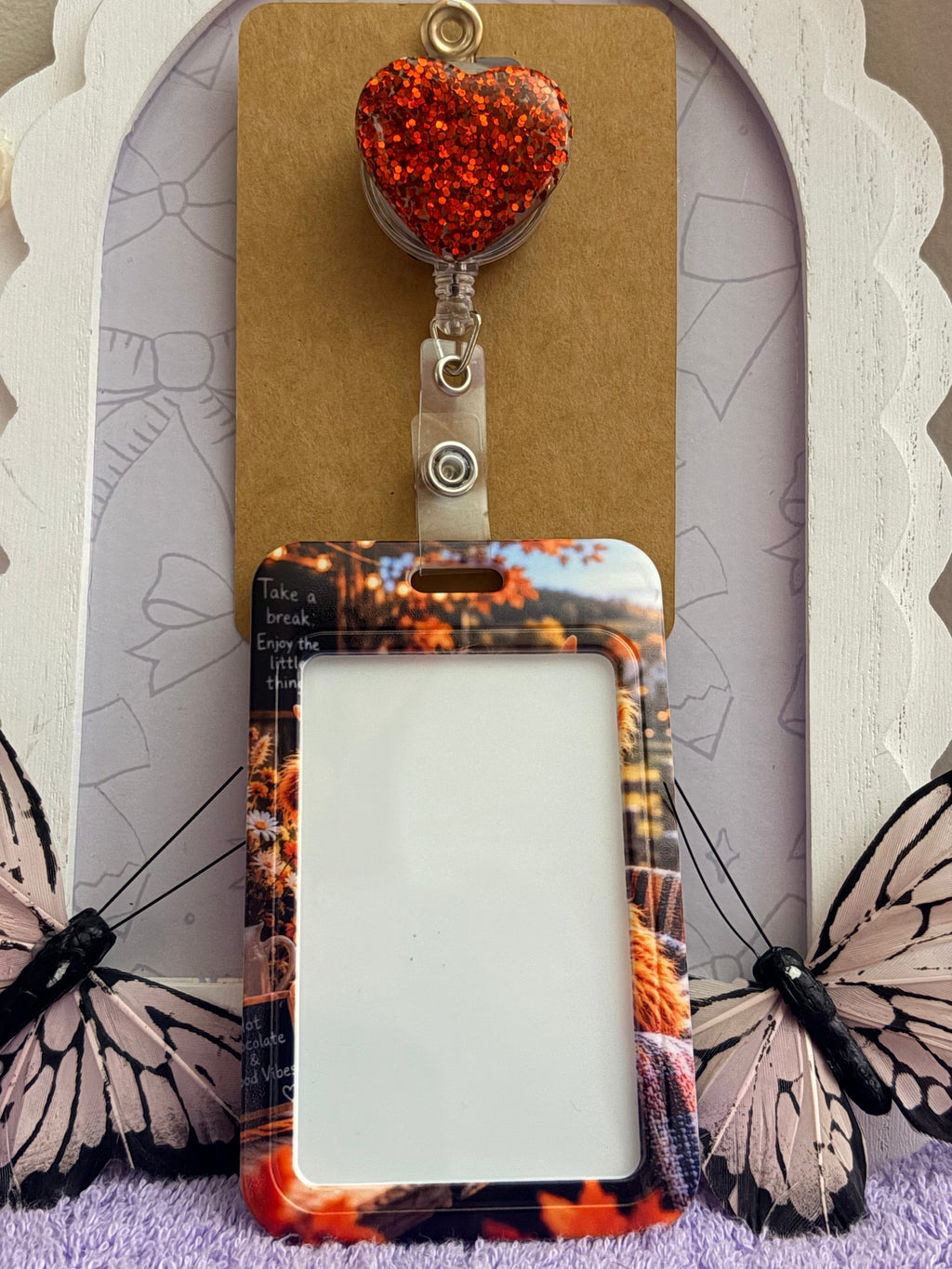 Highland Cow Hot Chocolate Red Glitter Heart Badge Reel & Card Holder Set