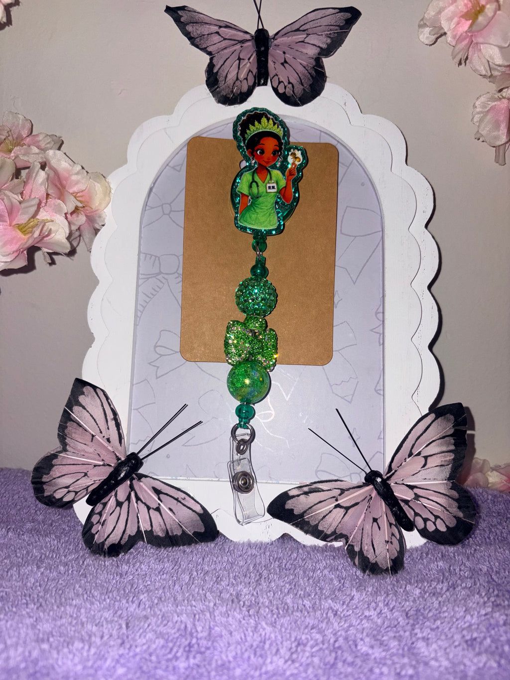 Princess Tiana RN Nurse Green Glitter Beaded Badge Reel – Handmade