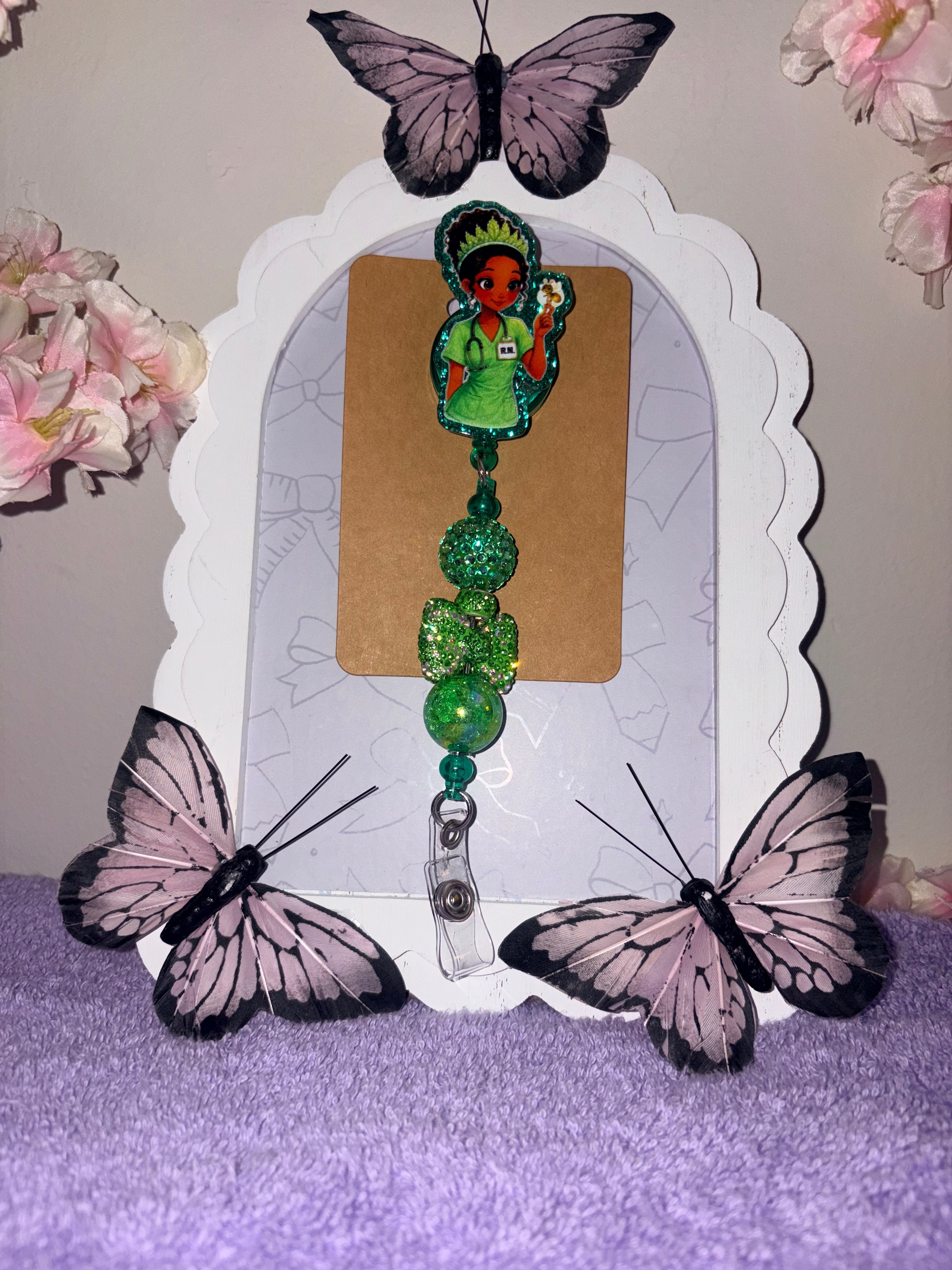 Princess Tiana RN Nurse Green Glitter Beaded Badge Reel – Handmade