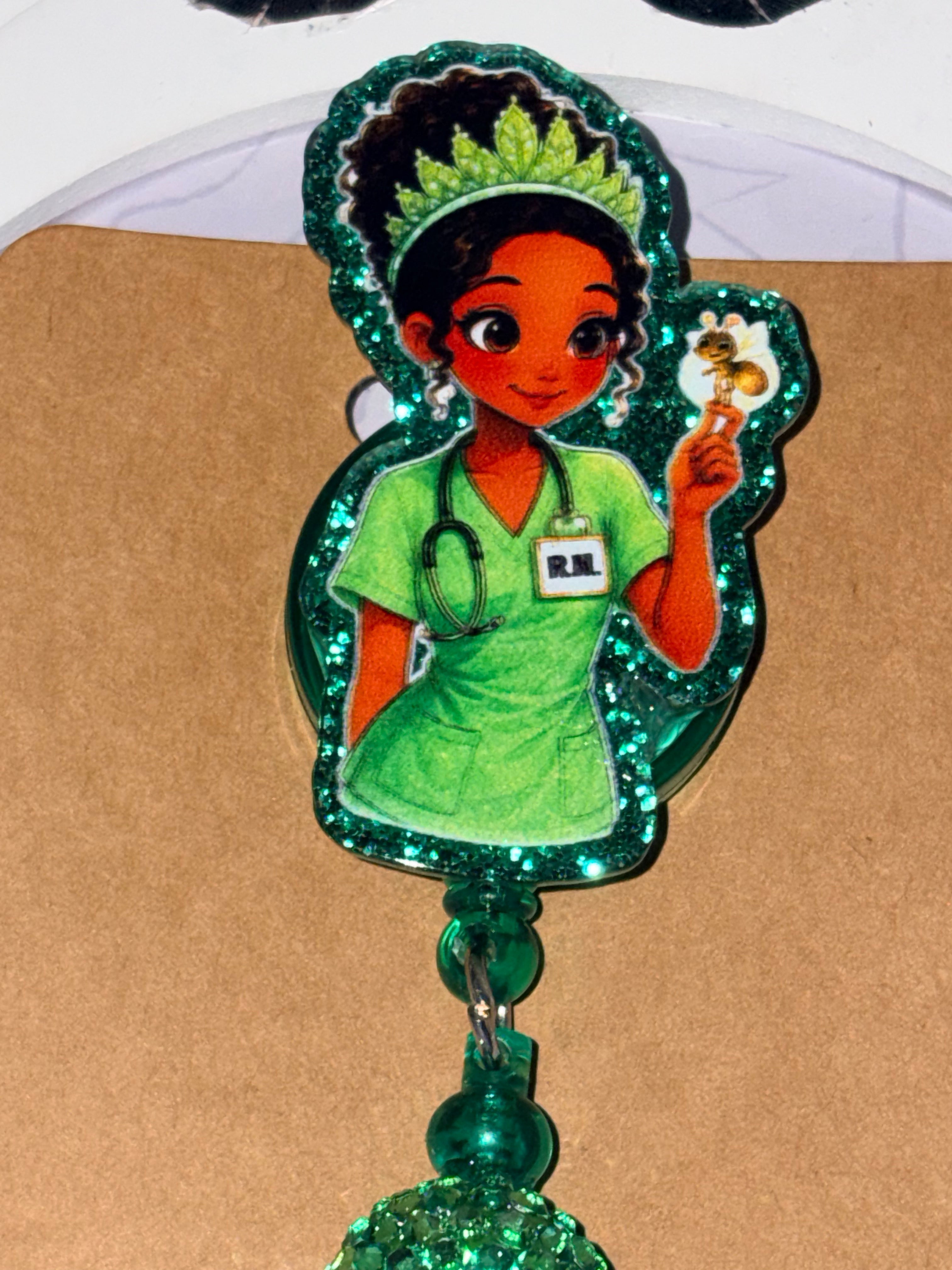 Princess Tiana RN Nurse Green Glitter Beaded Badge Reel – Handmade