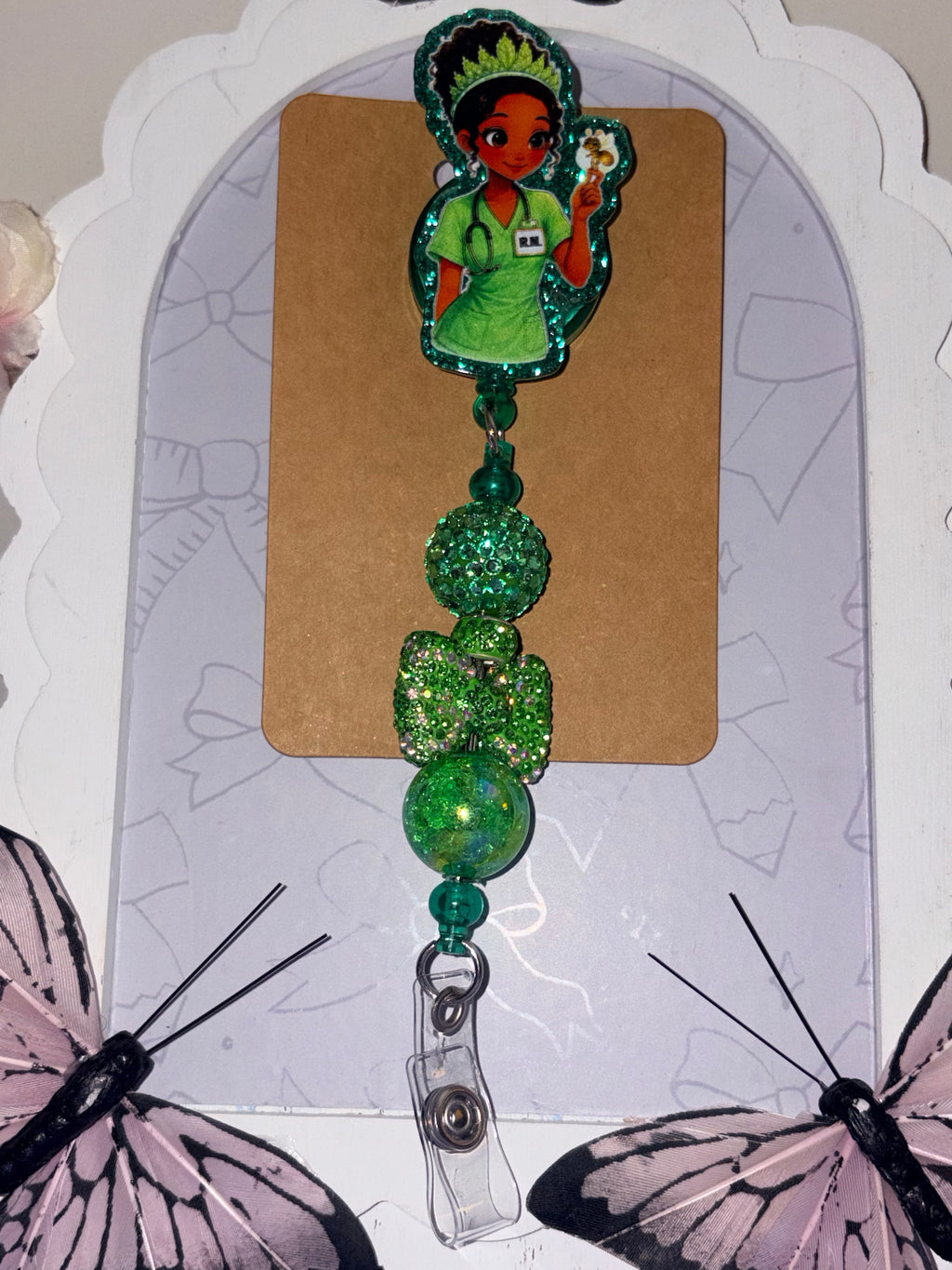 Princess Tiana RN Nurse Green Glitter Beaded Badge Reel – Handmade