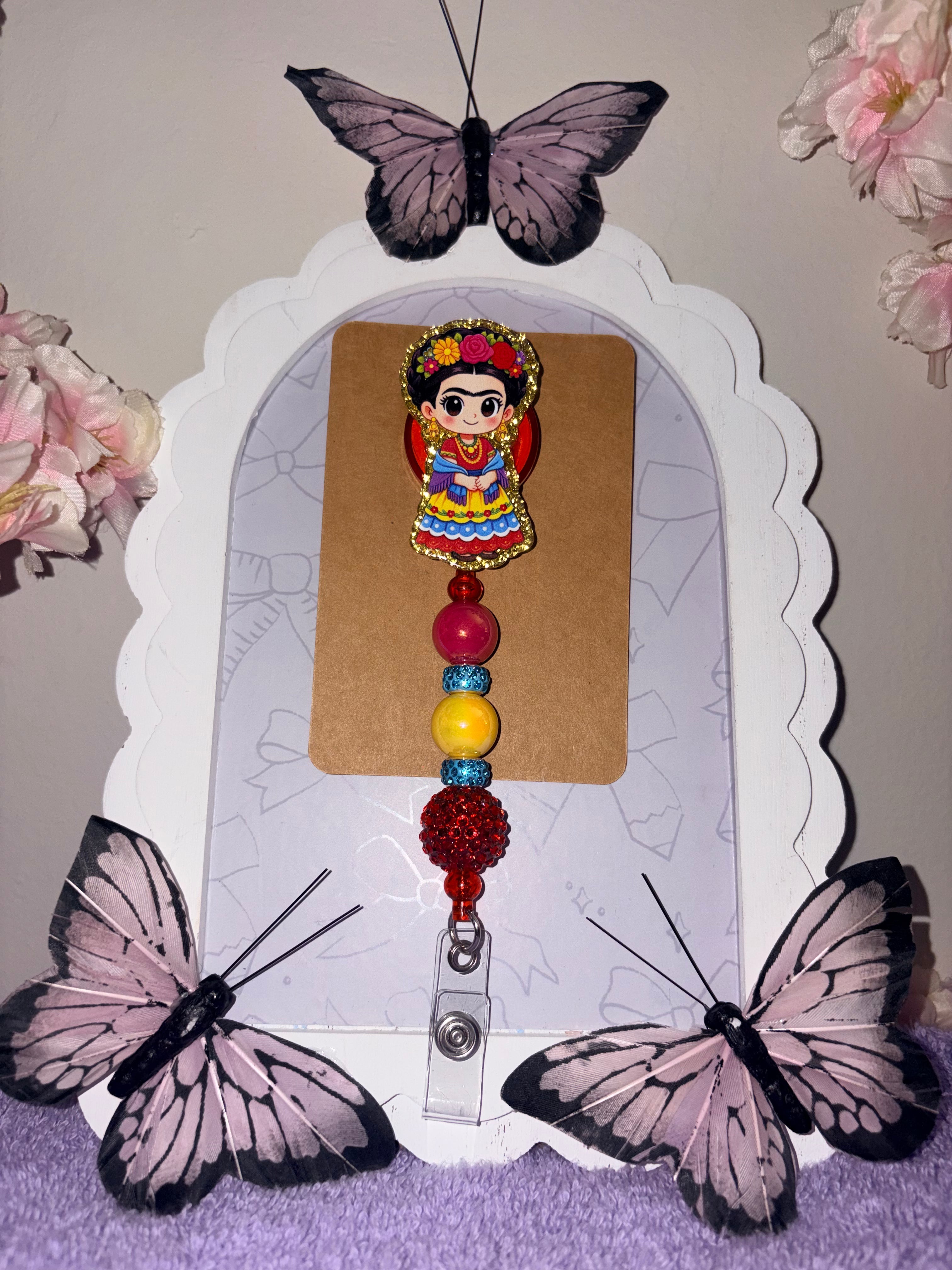 Frida Kahlo Fiesta Gold Glitter Beaded Badge Reel – Handmade