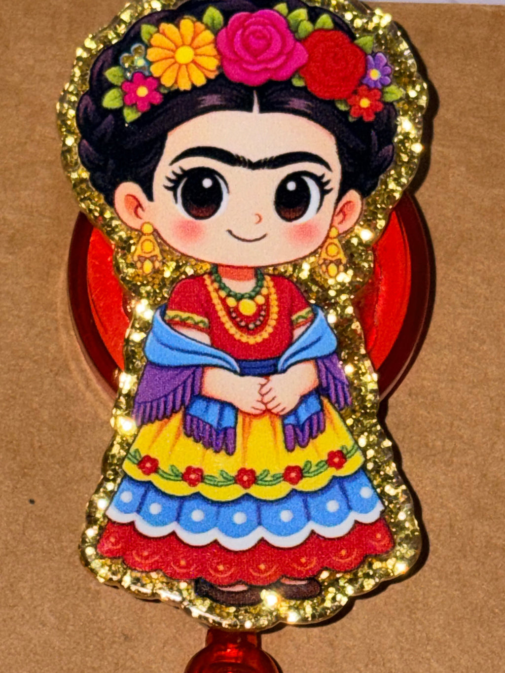 Frida Kahlo Fiesta Gold Glitter Beaded Badge Reel – Handmade