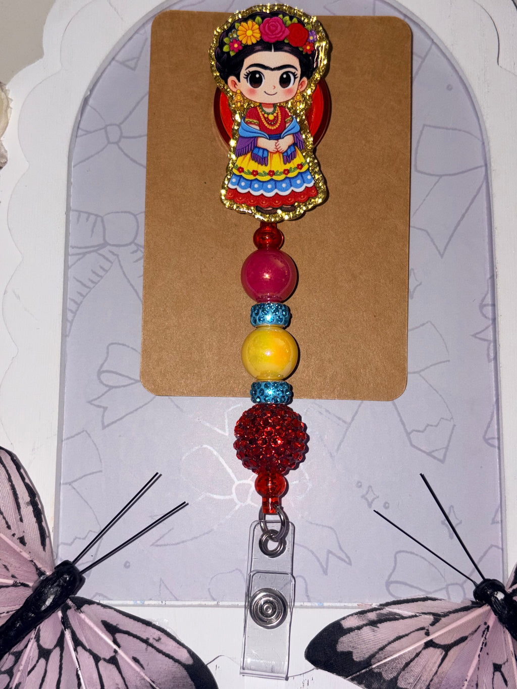 Frida Kahlo Fiesta Gold Glitter Beaded Badge Reel – Handmade