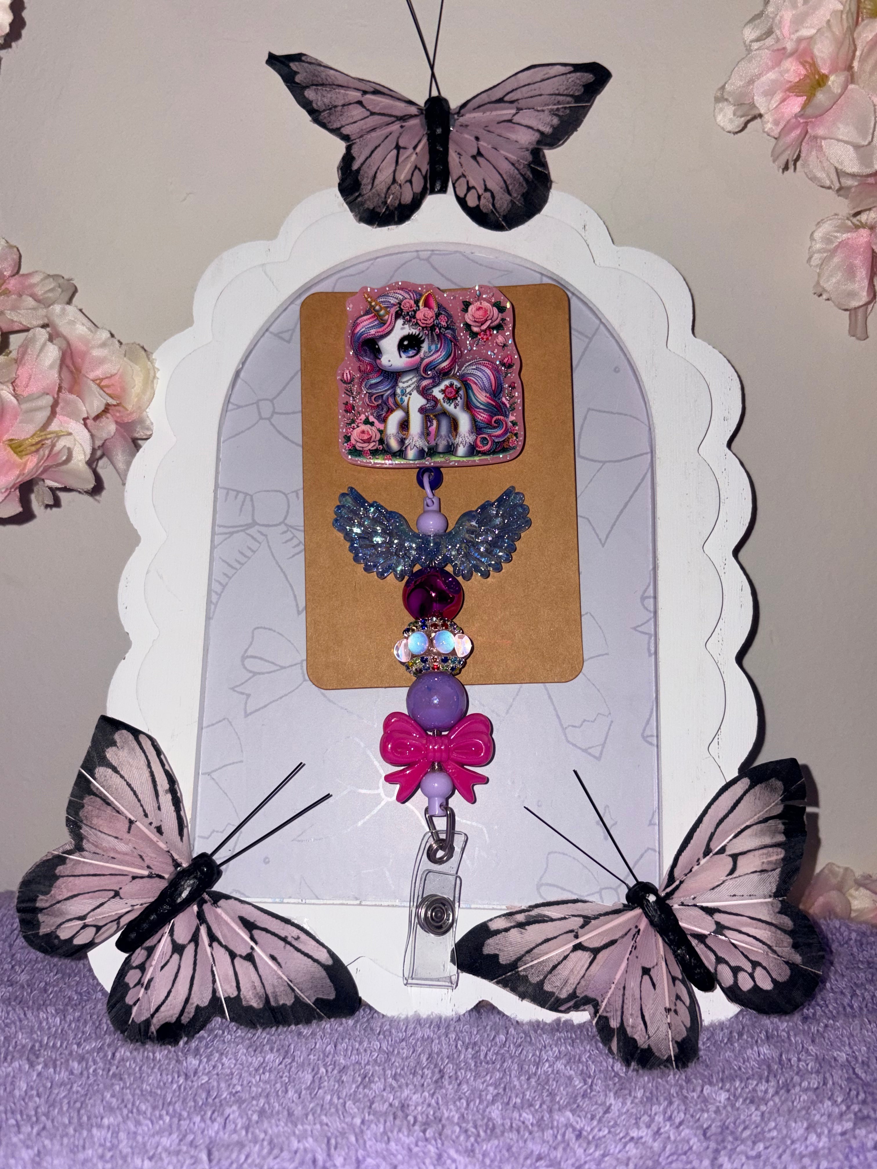 Enchanted Rose Unicorn Angel Wings Pink Glitter Beaded Badge Reel – Handmade