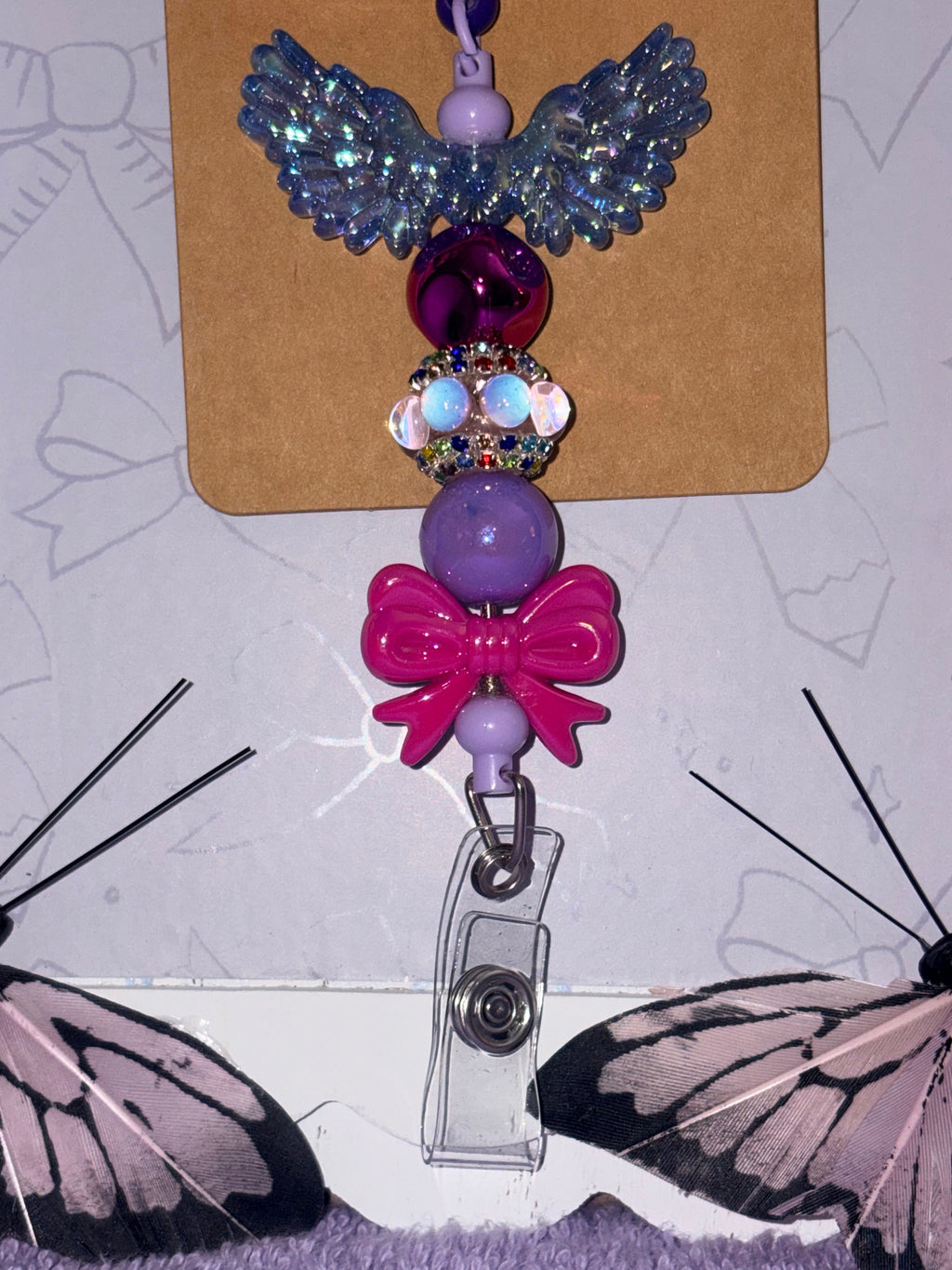 Enchanted Rose Unicorn Angel Wings Pink Glitter Beaded Badge Reel – Handmade