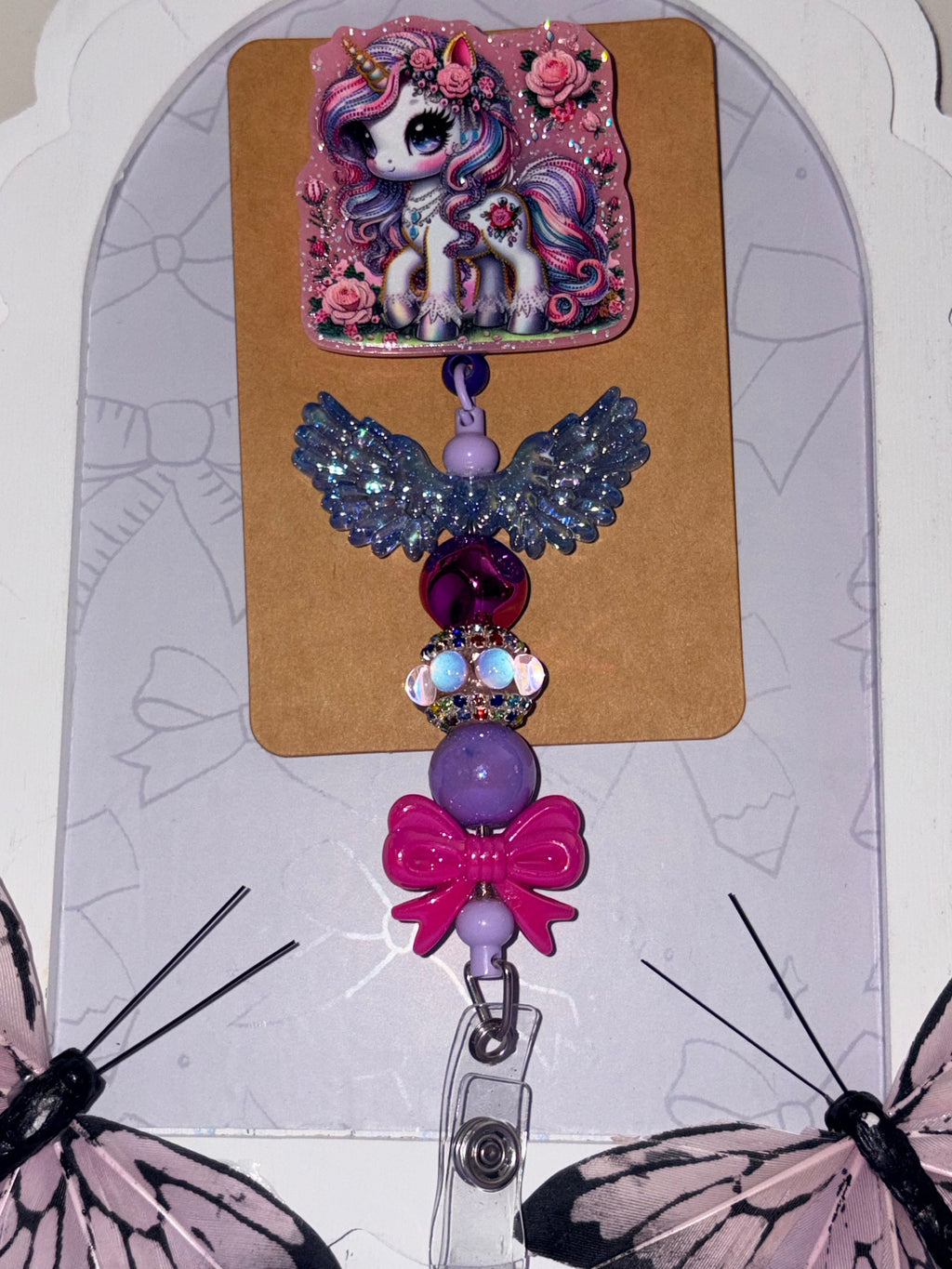 Enchanted Rose Unicorn Angel Wings Pink Glitter Beaded Badge Reel – Handmade