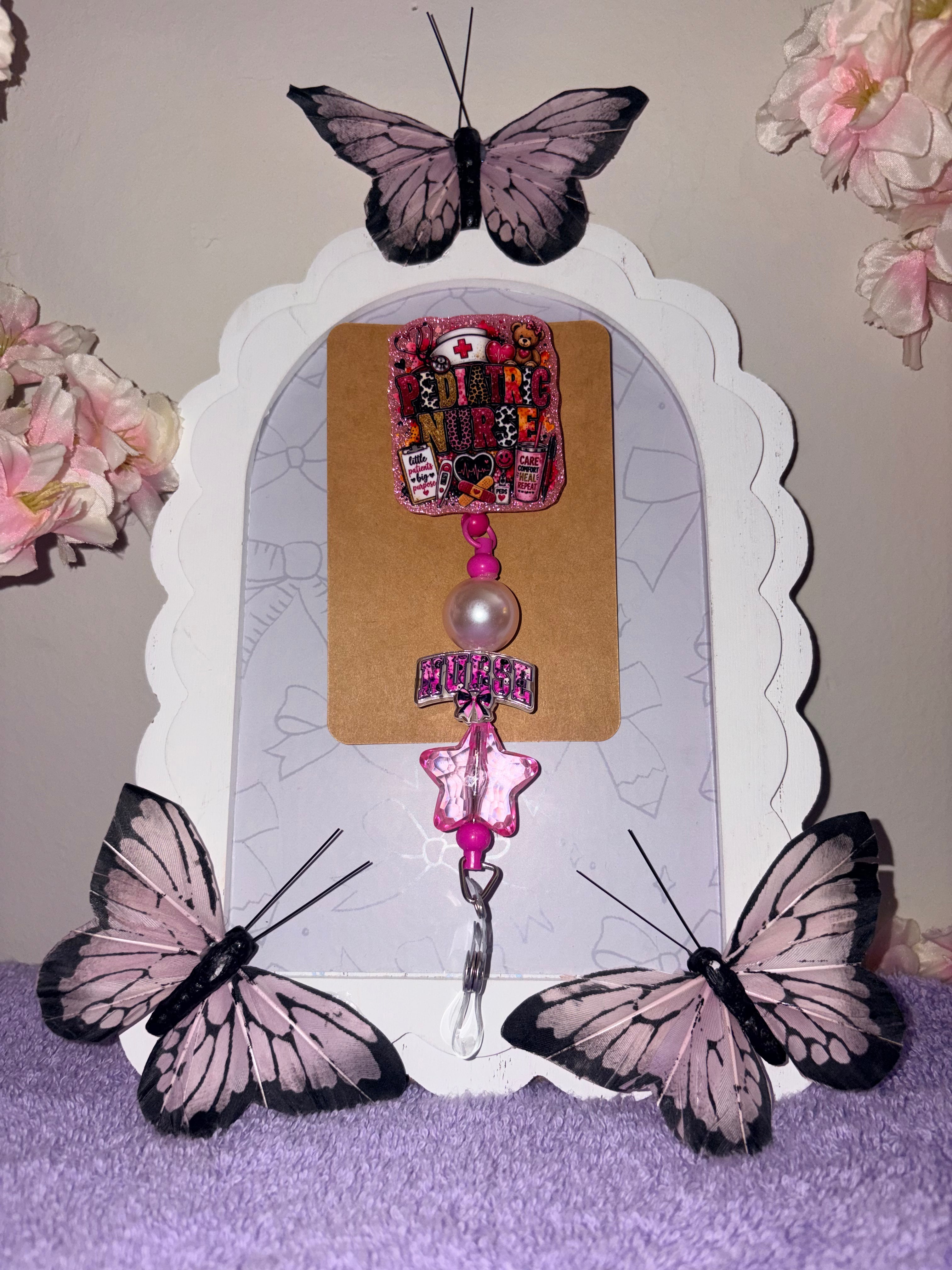Pediatric Nurse Pink Glitter Cowprint Beaded Badge Reel – Handmade