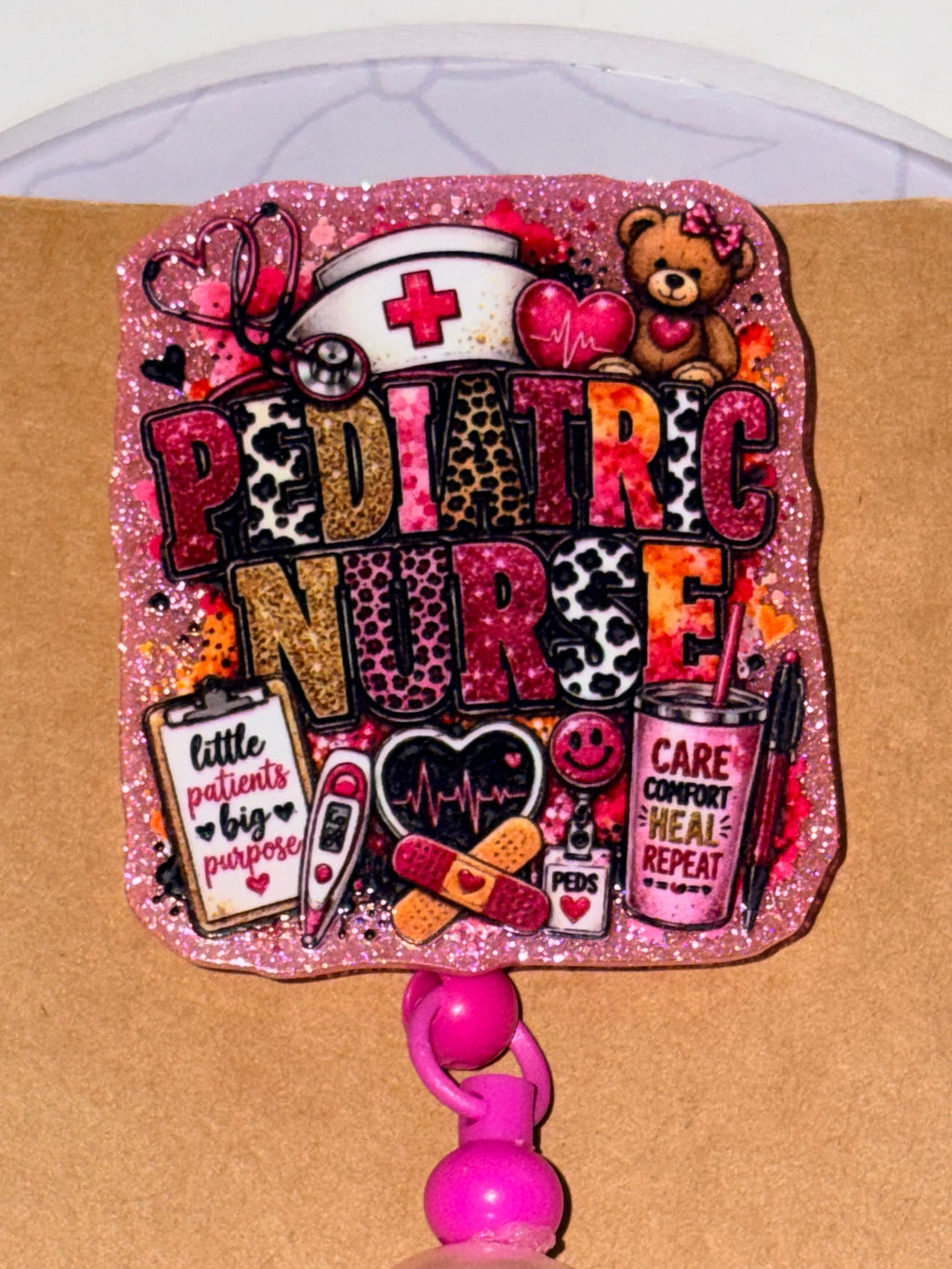 Pediatric Nurse Pink Glitter Cowprint Beaded Badge Reel – Handmade