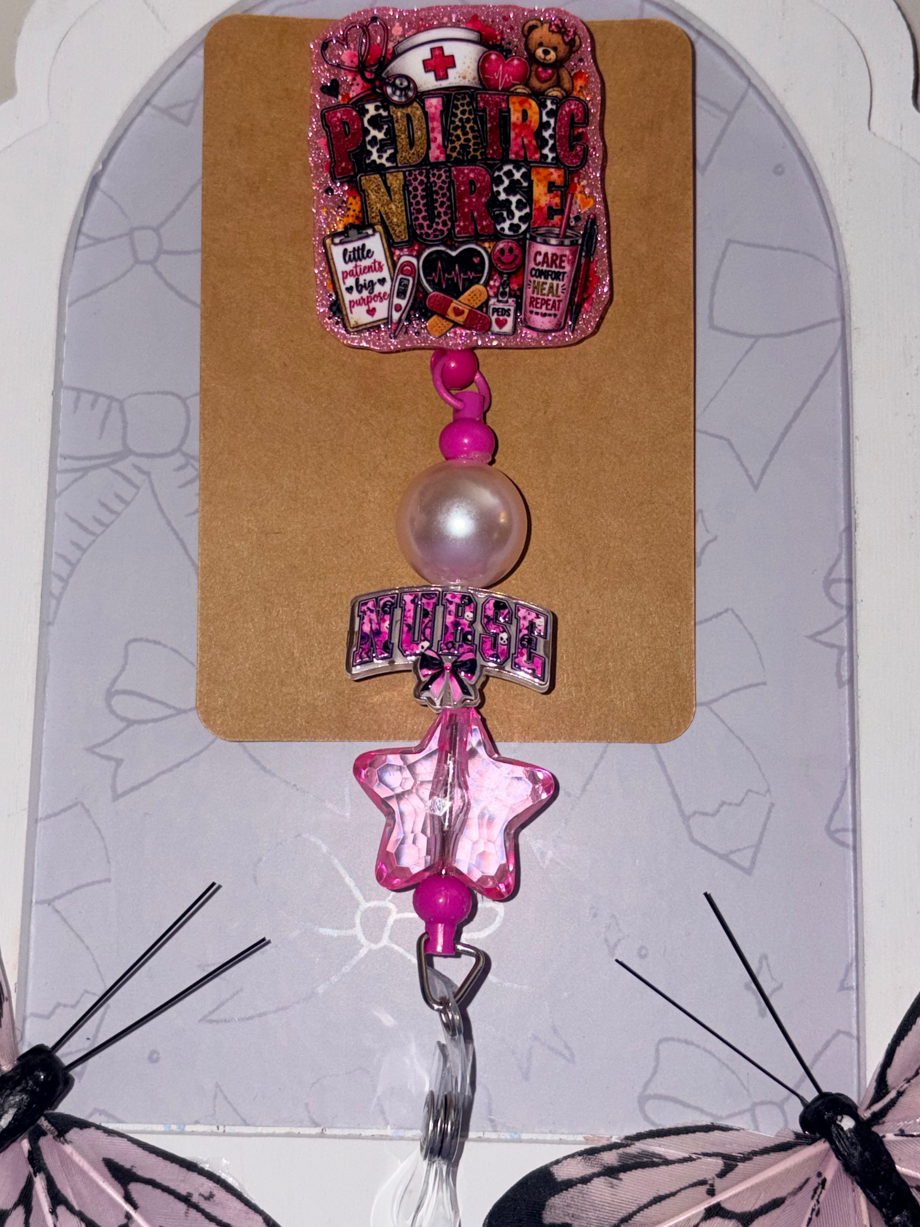 Pediatric Nurse Pink Glitter Cowprint Beaded Badge Reel – Handmade