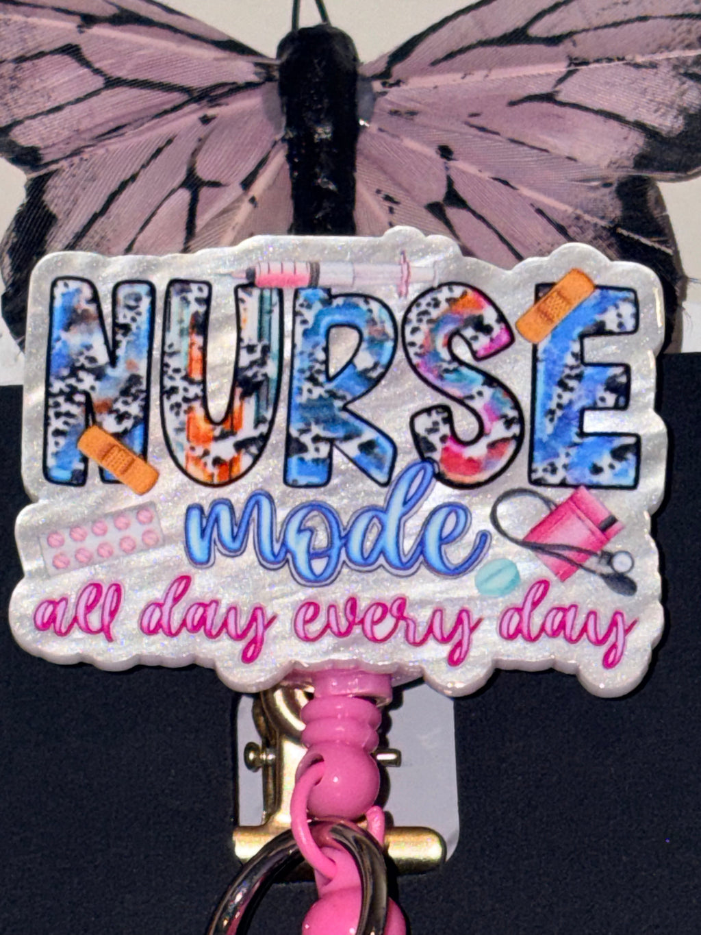 Nurse Mode All Day Every Day Silicone Bead Badge Reel & Keychain Set – Handmade