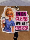 In Da Clerb We All Stressed RN Nurse Black Bow Beaded Badge Reel – Handmade