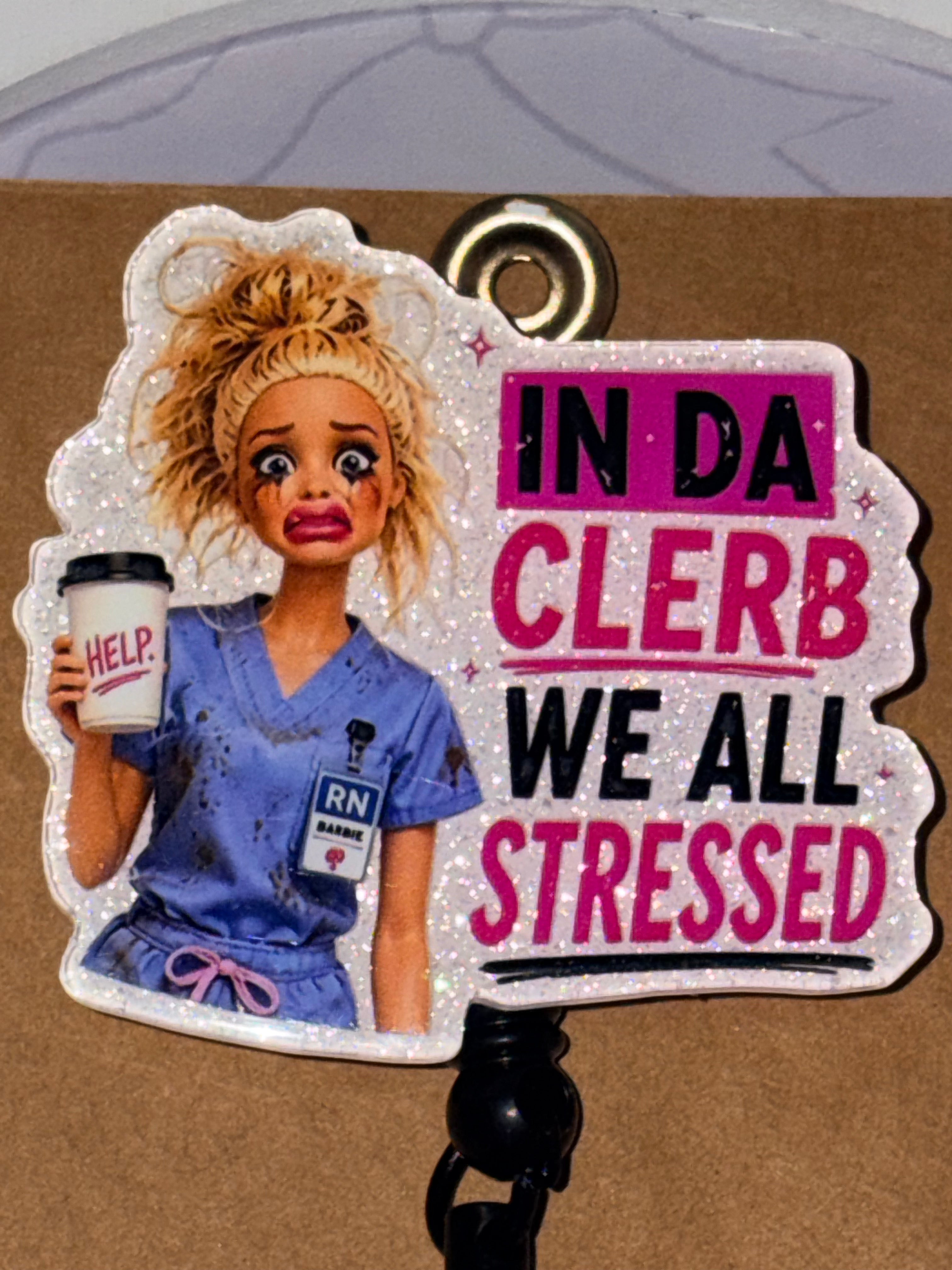 In Da Clerb We All Stressed RN Nurse Black Bow Beaded Badge Reel – Handmade