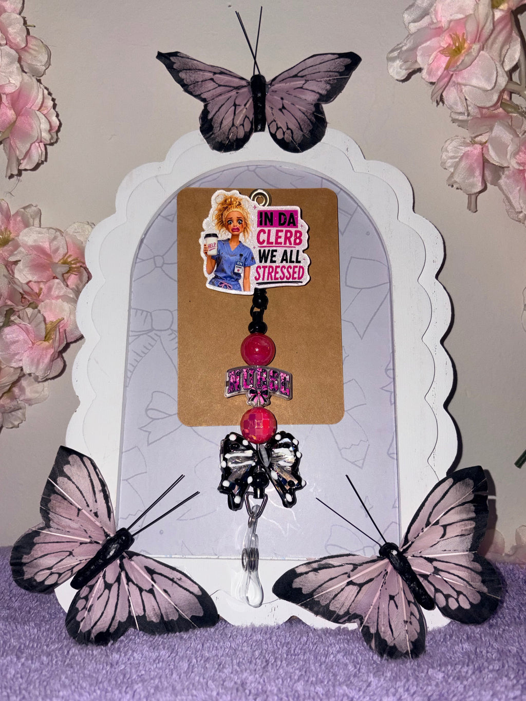 In Da Clerb We All Stressed RN Nurse Black Bow Beaded Badge Reel – Handmade