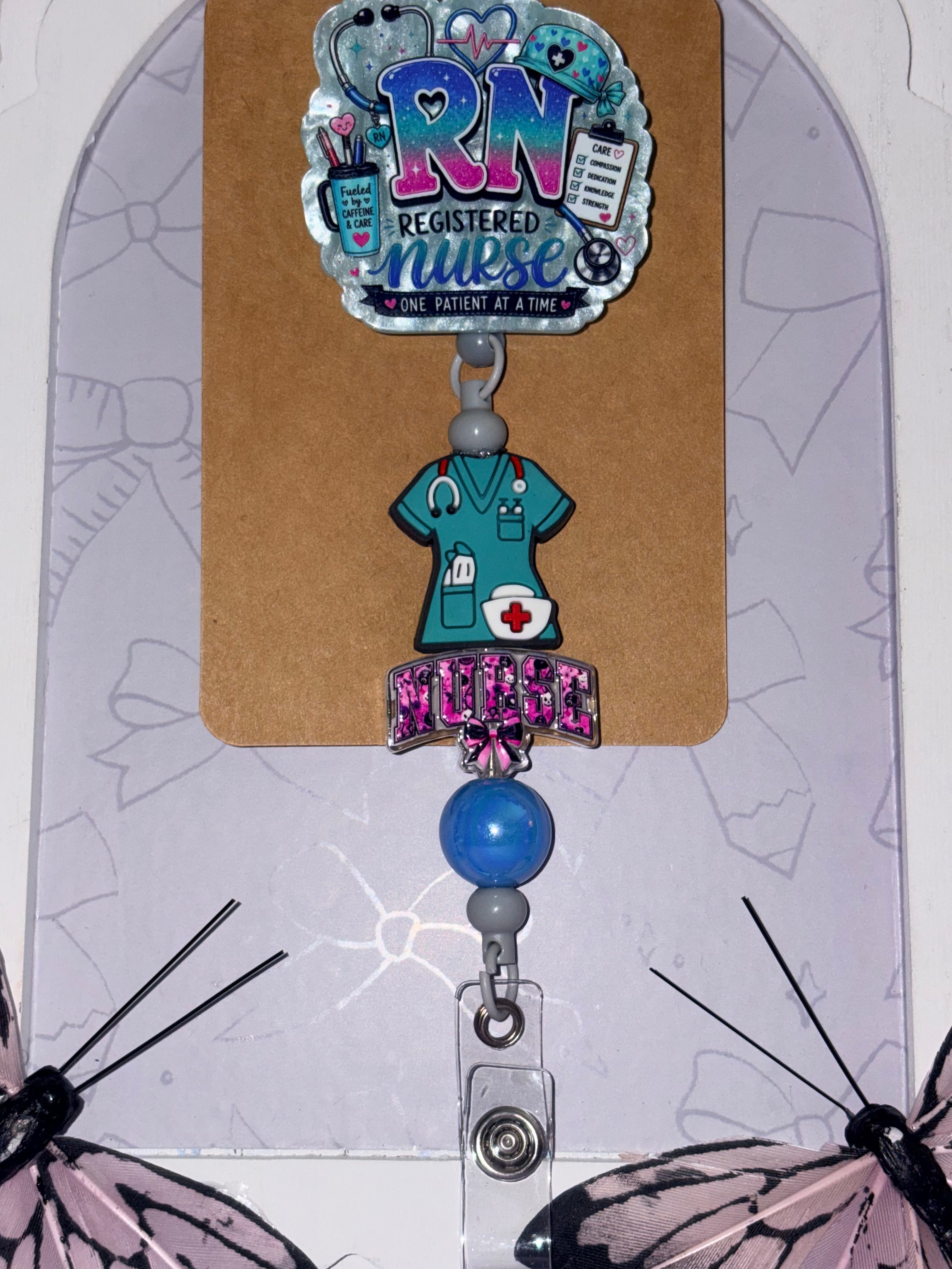 RN Registered Nurse One Patient at a Time Scrubs Charm Beaded Badge Reel – Handmade