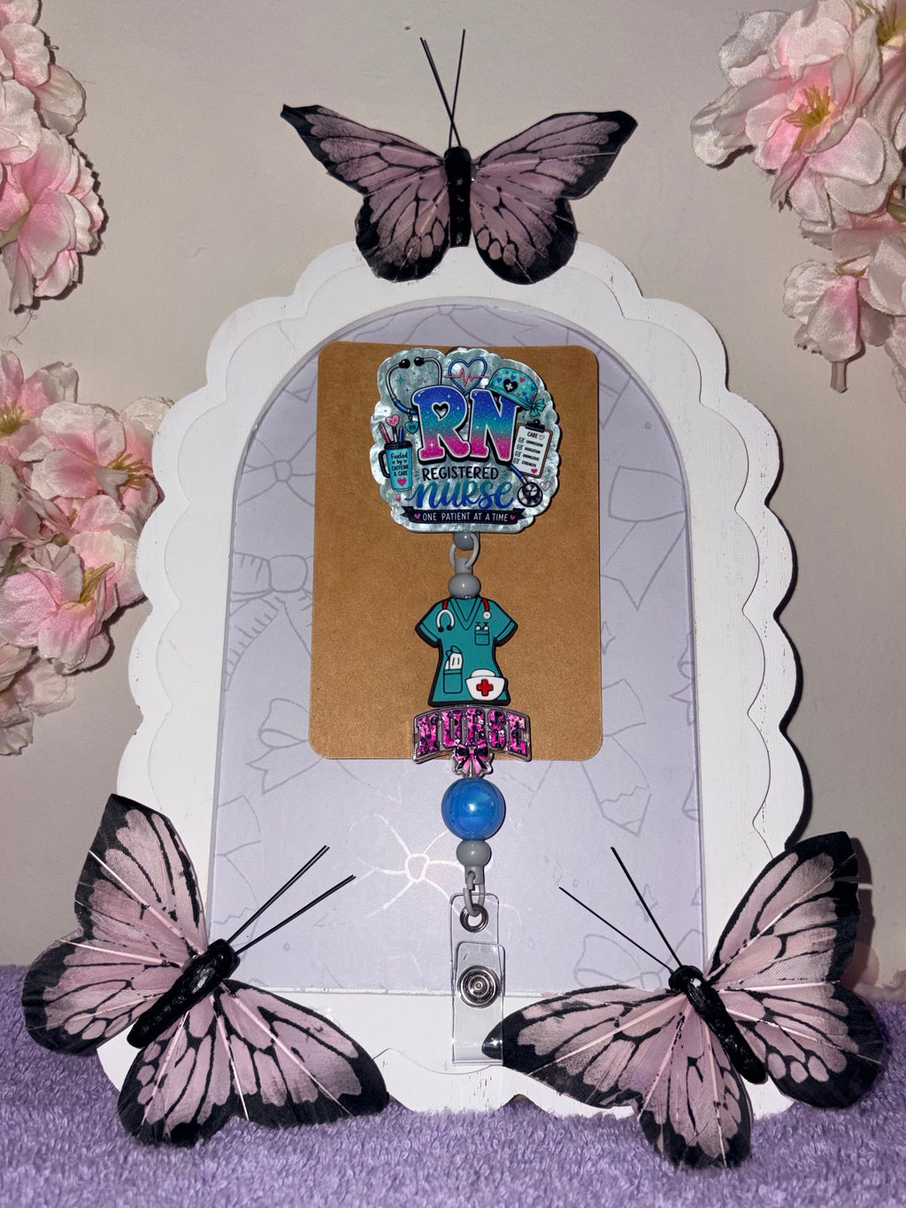 RN Registered Nurse One Patient at a Time Scrubs Charm Beaded Badge Reel – Handmade