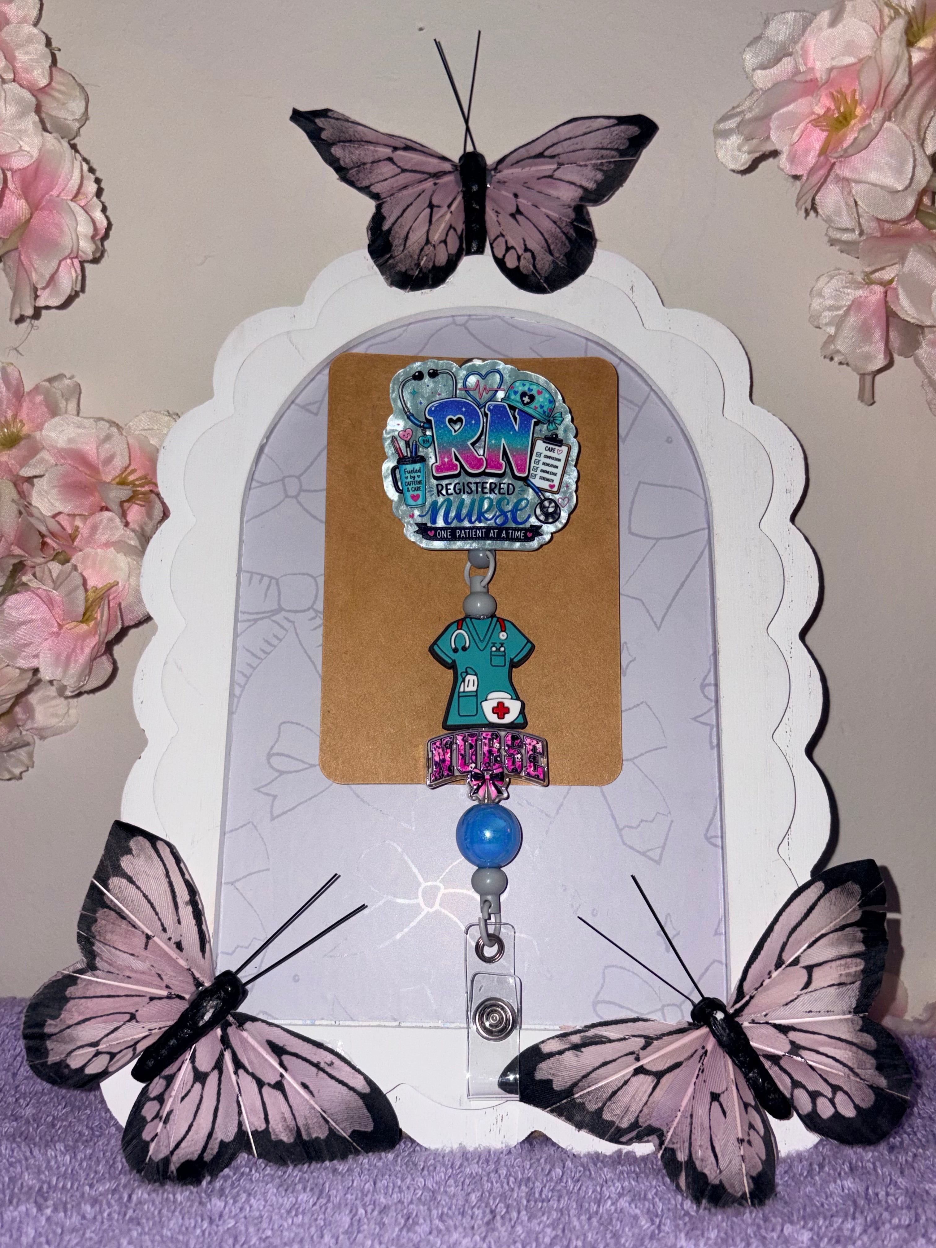 RN Registered Nurse One Patient at a Time Scrubs Charm Beaded Badge Reel – Handmade