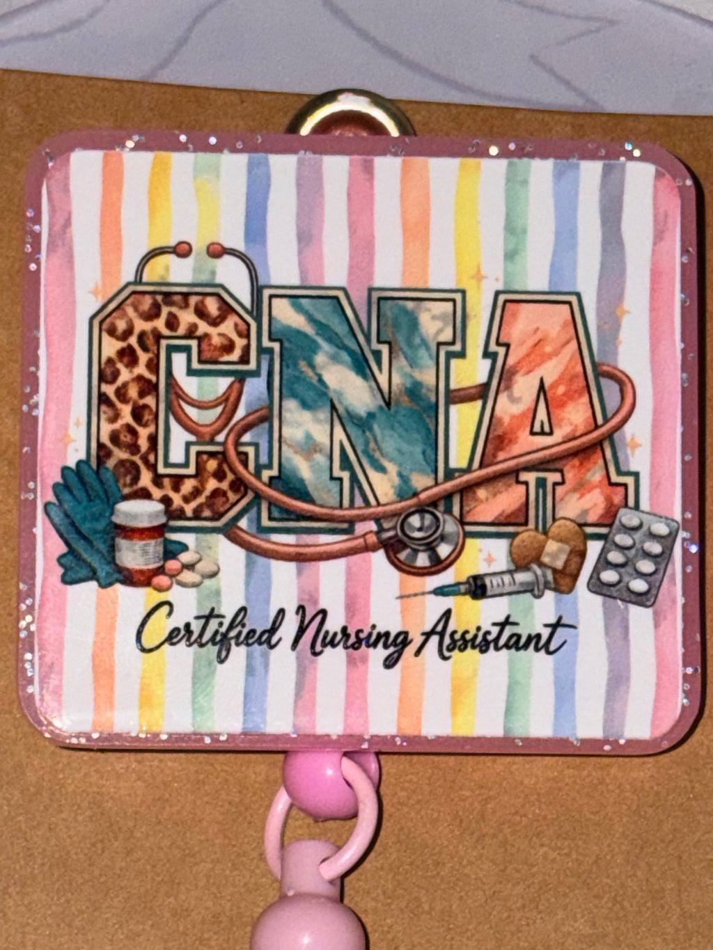 CNA Certified Nursing Assistant Rainbow Stripe Nurse Heart Charm Beaded Badge Reel – Handmade