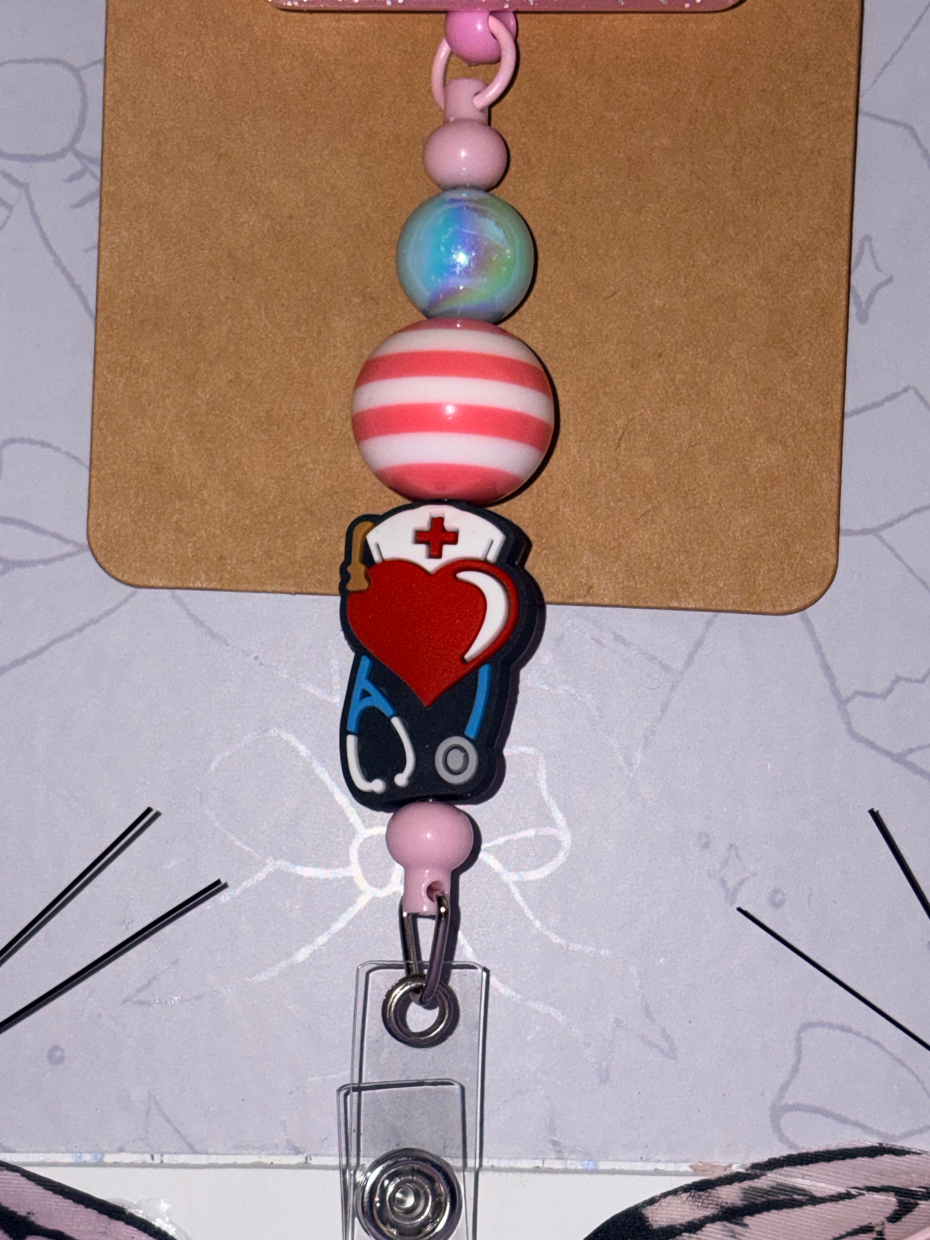 CNA Certified Nursing Assistant Rainbow Stripe Nurse Heart Charm Beaded Badge Reel – Handmade