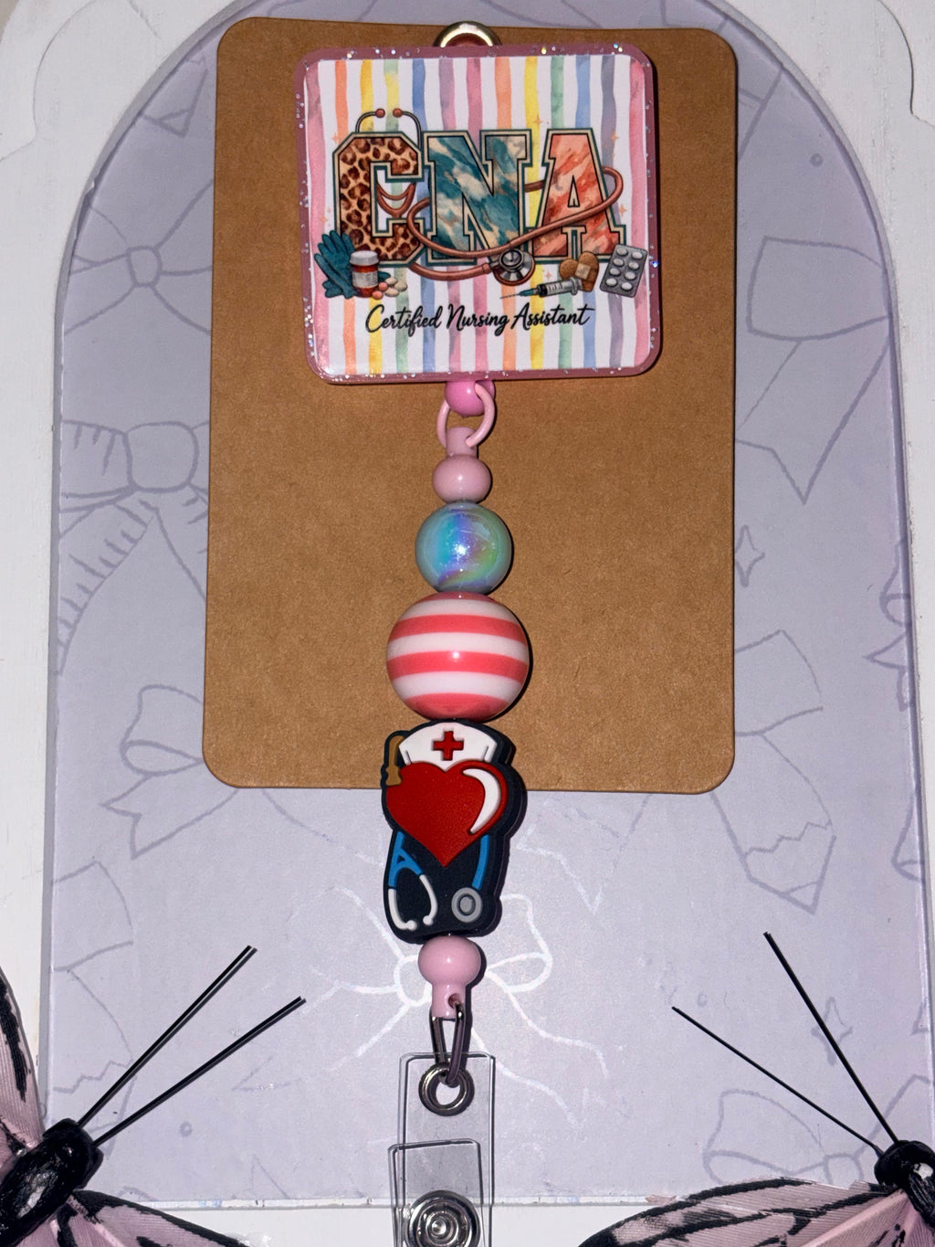 CNA Certified Nursing Assistant Rainbow Stripe Nurse Heart Charm Beaded Badge Reel – Handmade