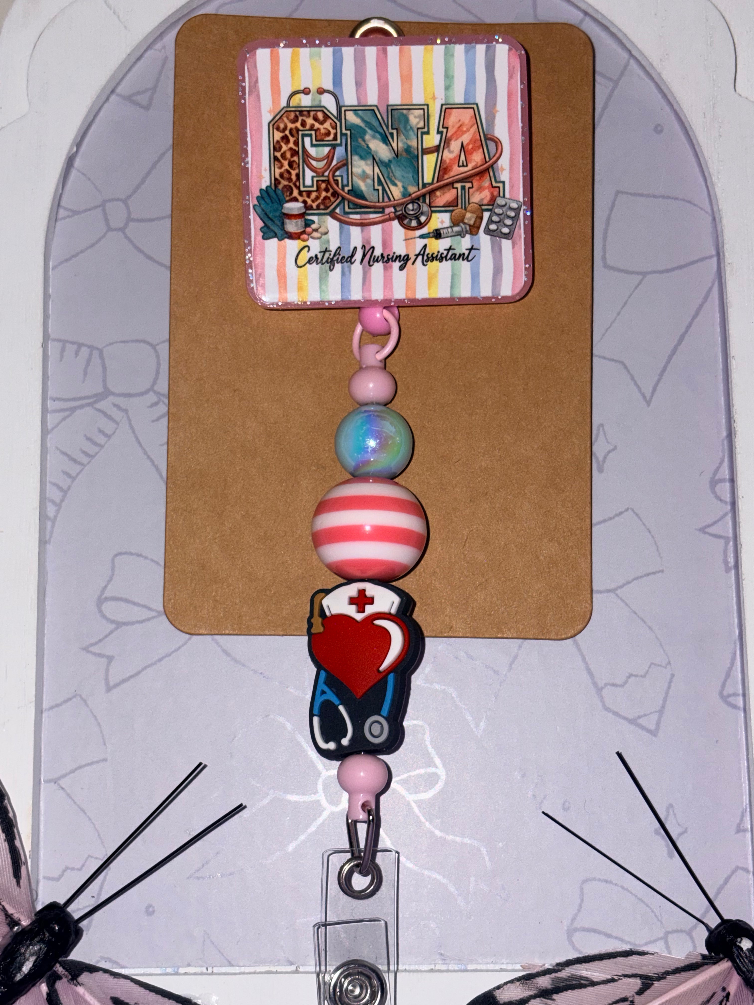 CNA Certified Nursing Assistant Rainbow Stripe Nurse Heart Charm Beaded Badge Reel – Handmade