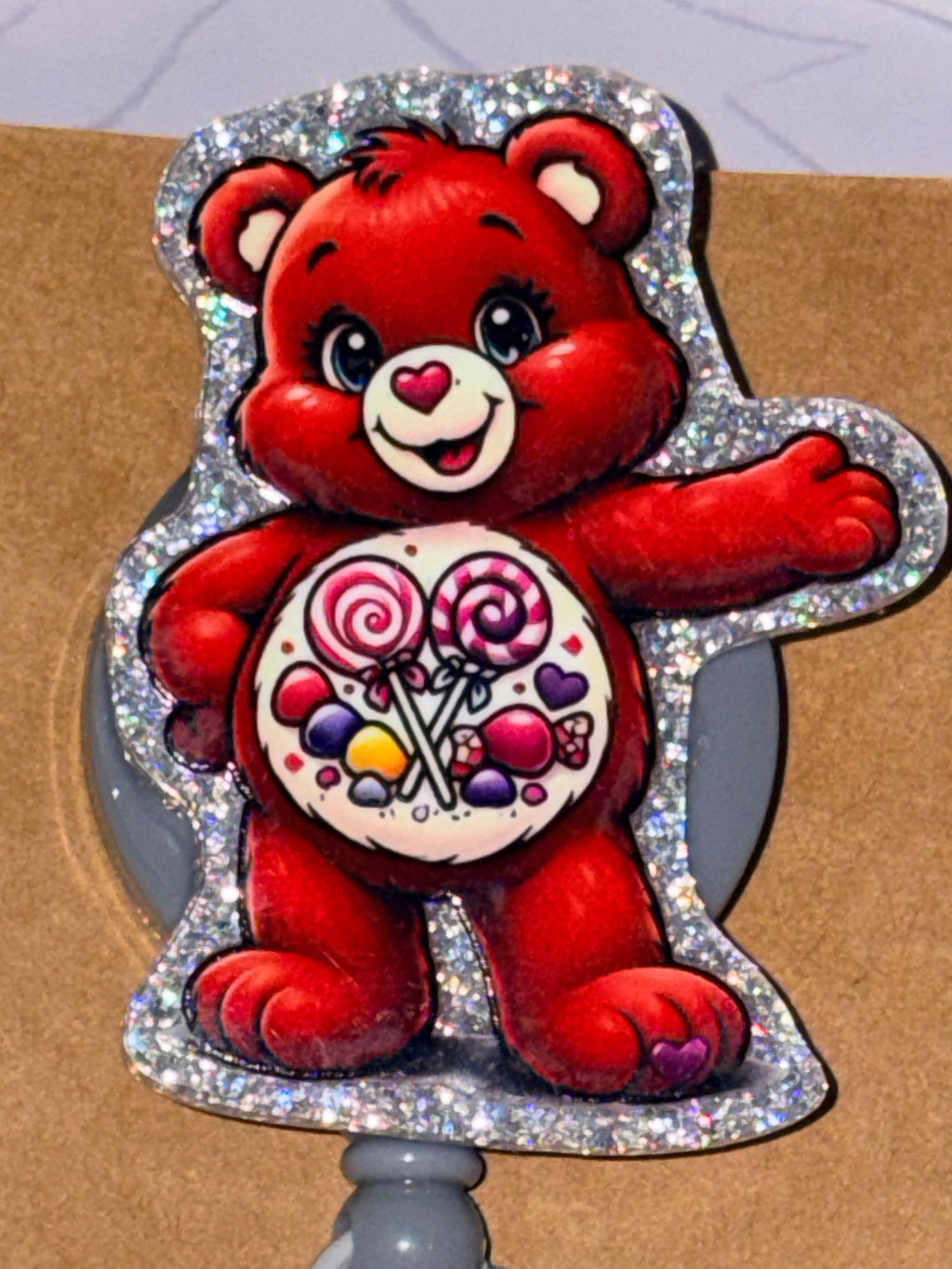 Red Candy Lollipop Care Bear Iridescent Bear & Grey Pave Beaded Badge Reel – Handmade