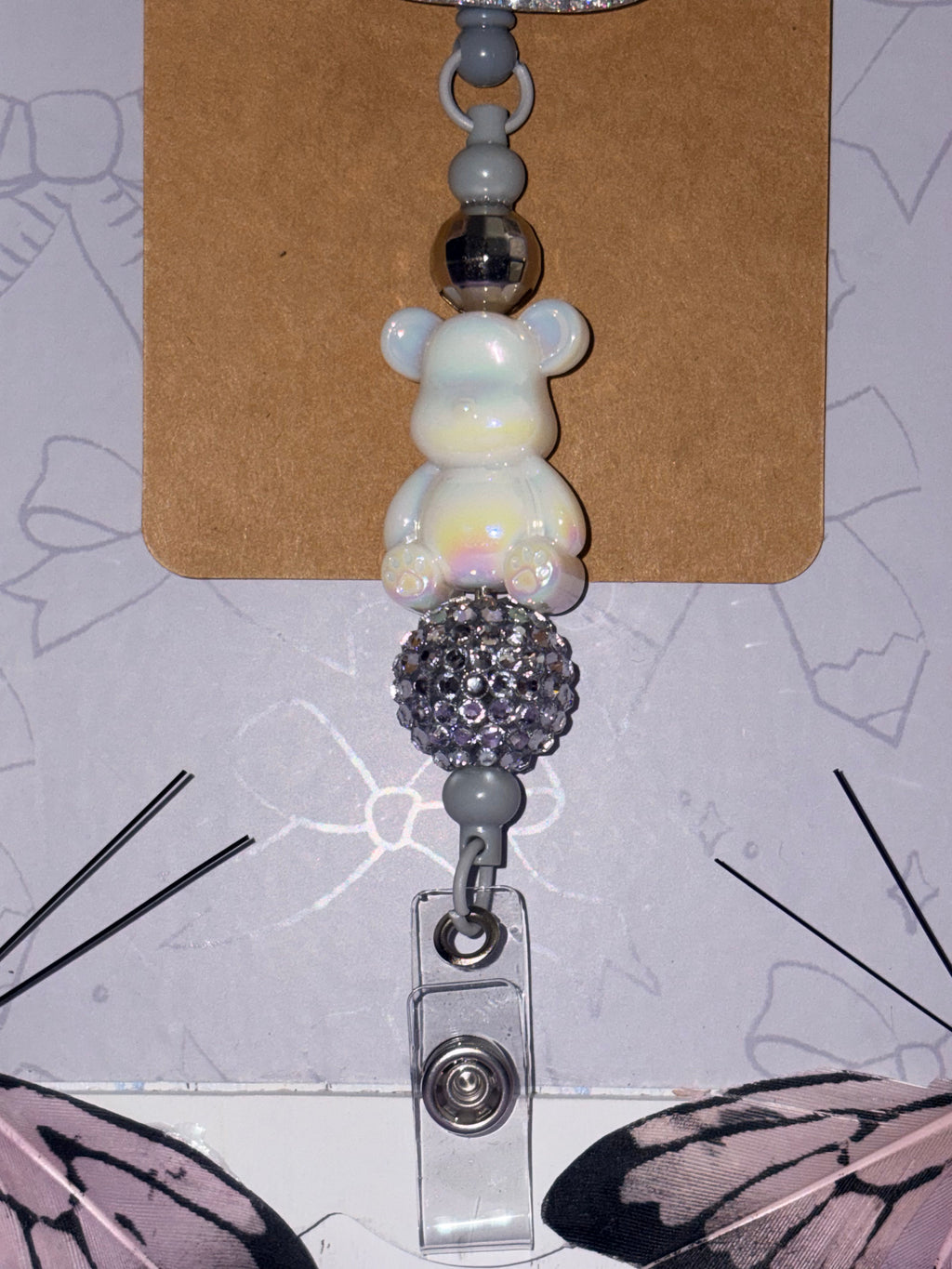 Red Candy Lollipop Care Bear Iridescent Bear & Grey Pave Beaded Badge Reel – Handmade