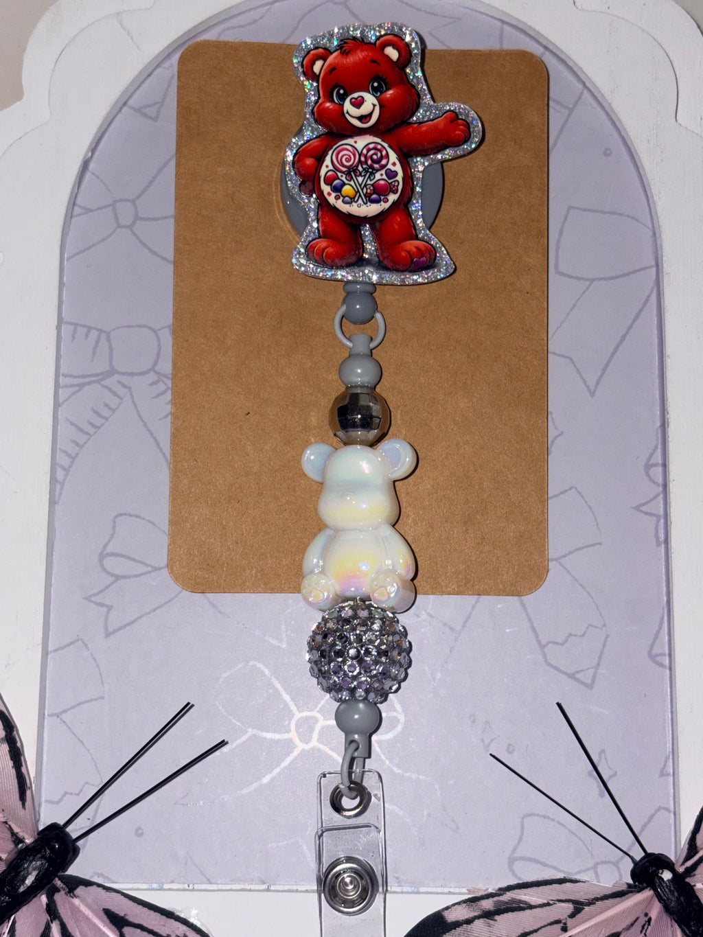 Red Candy Lollipop Care Bear Iridescent Bear & Grey Pave Beaded Badge Reel – Handmade