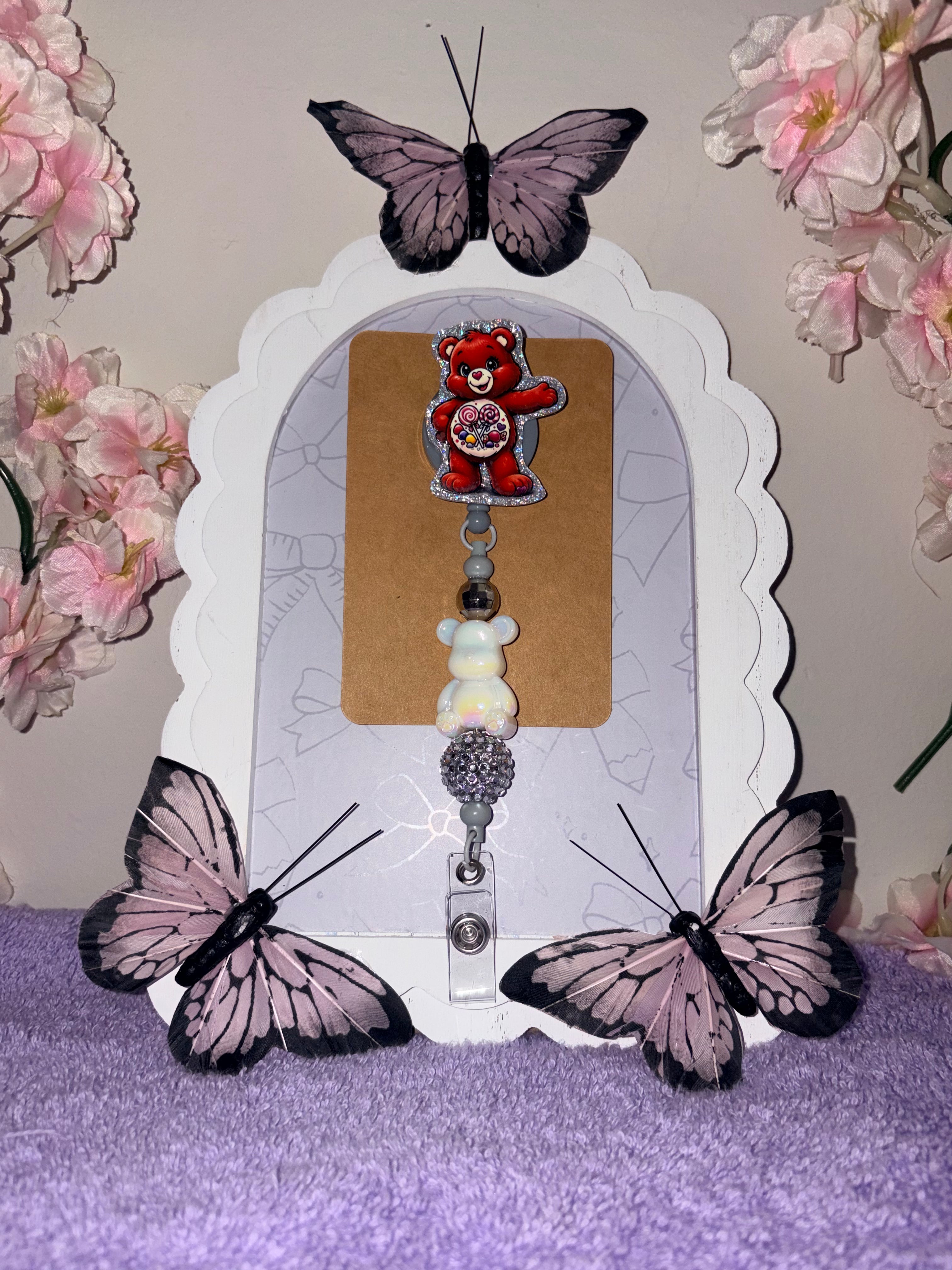 Red Candy Lollipop Care Bear Iridescent Bear & Grey Pave Beaded Badge Reel – Handmade