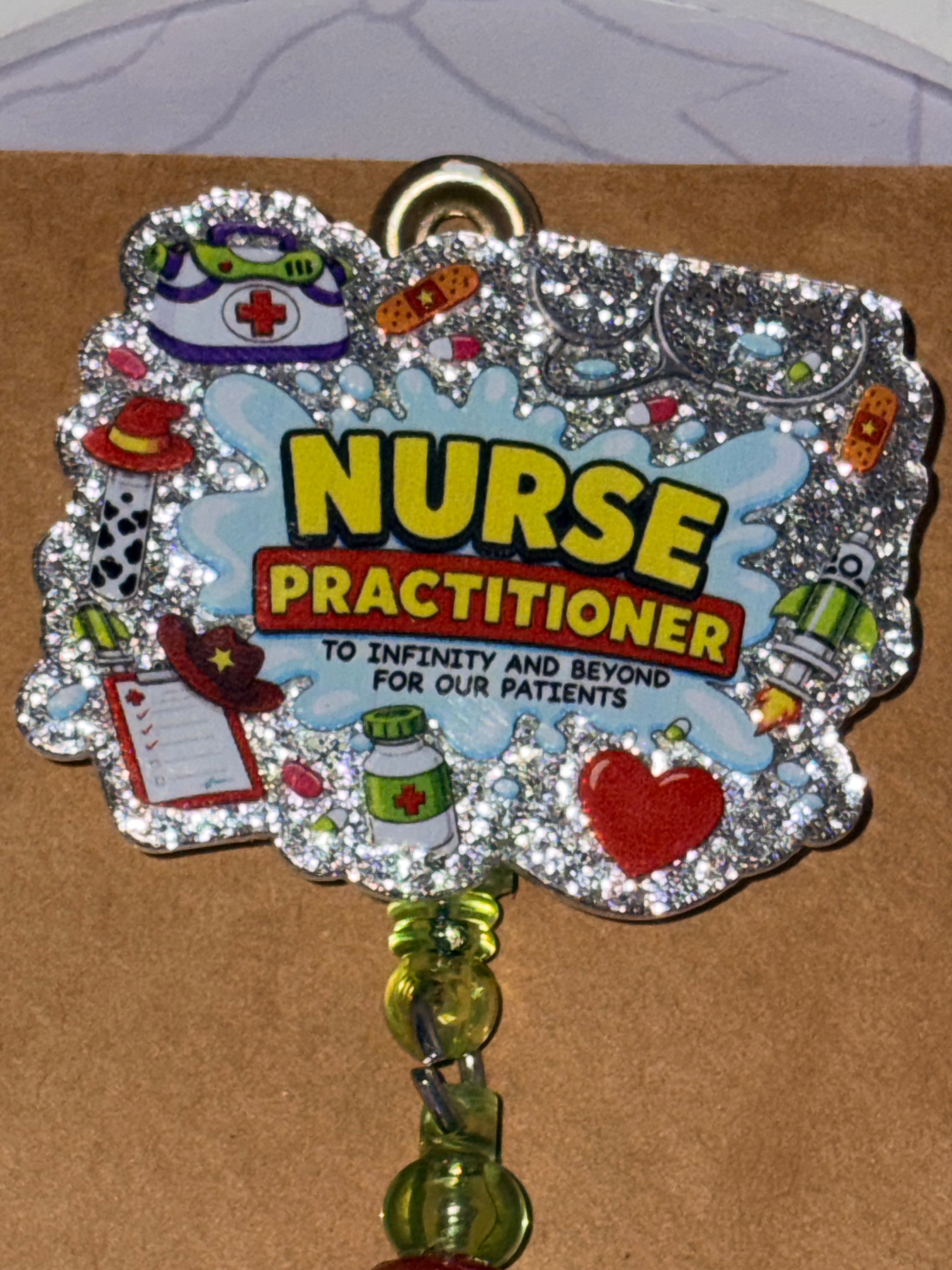Nurse Practitioner To Infinity and Beyond Toy Story Silver Rhinestone Heart Stethoscope Beaded Badge Reel – Handmade