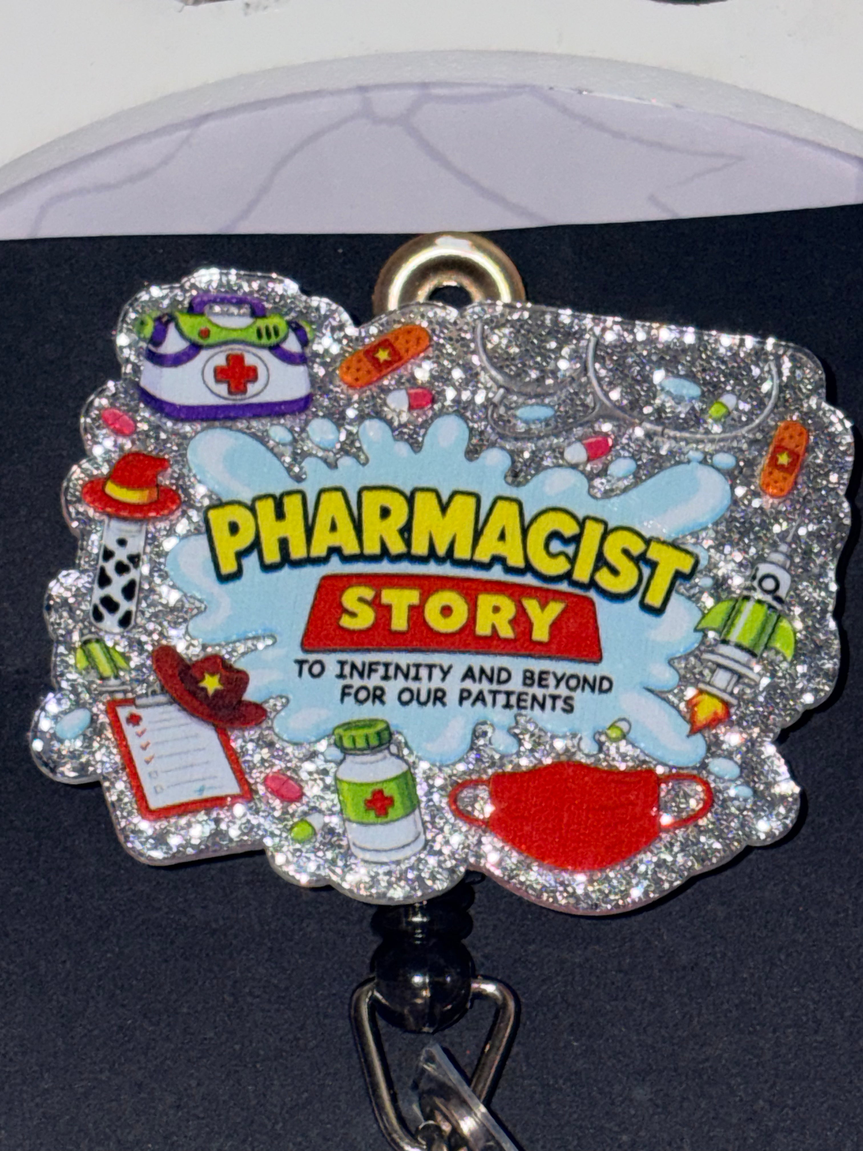 Pharmacist Story To Infinity and Beyond Silver Rhinestone Pill Jar Charm Beaded Badge Reel – Handmade