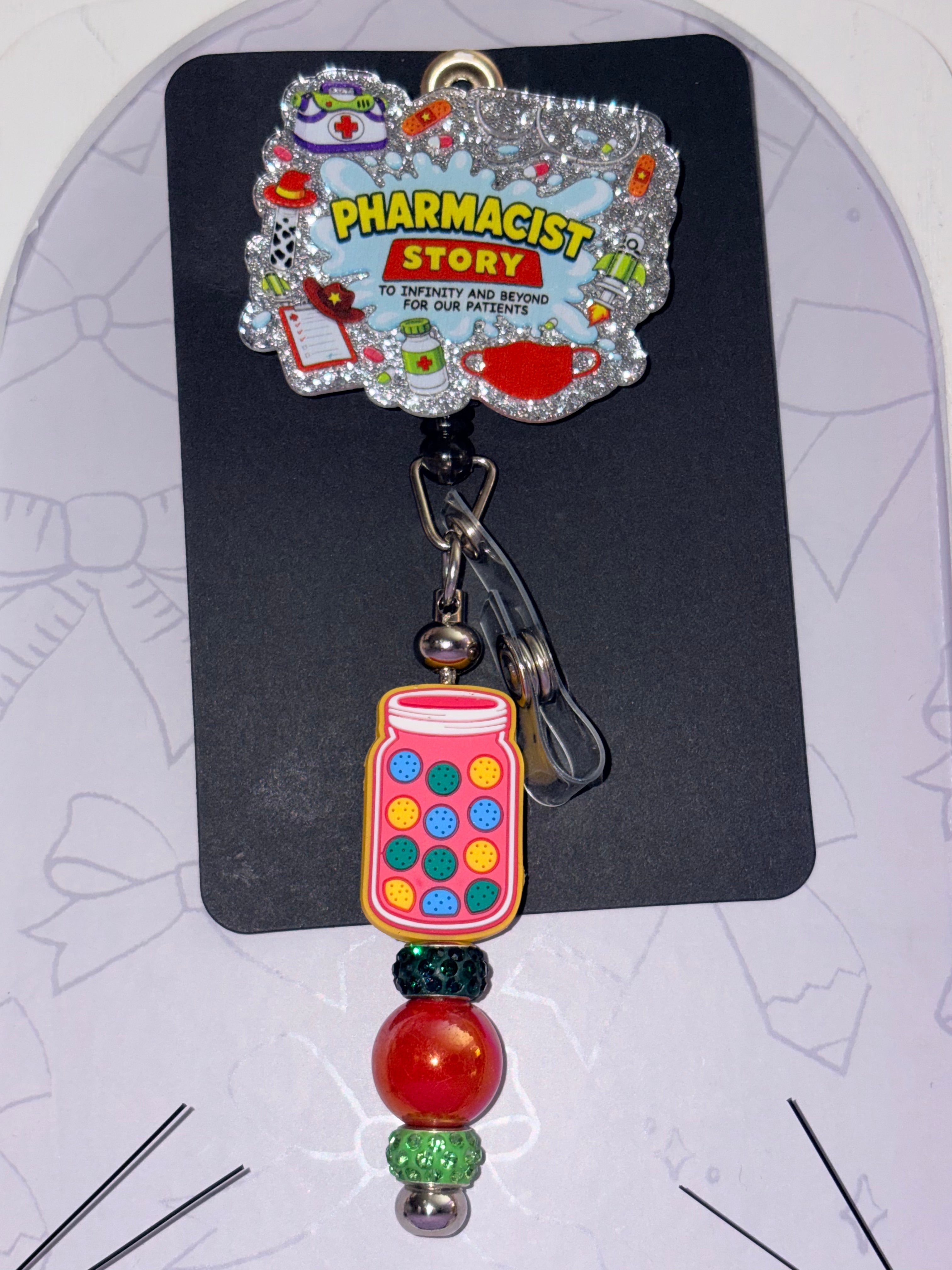 Pharmacist Story To Infinity and Beyond Silver Rhinestone Pill Jar Charm Beaded Badge Reel – Handmade