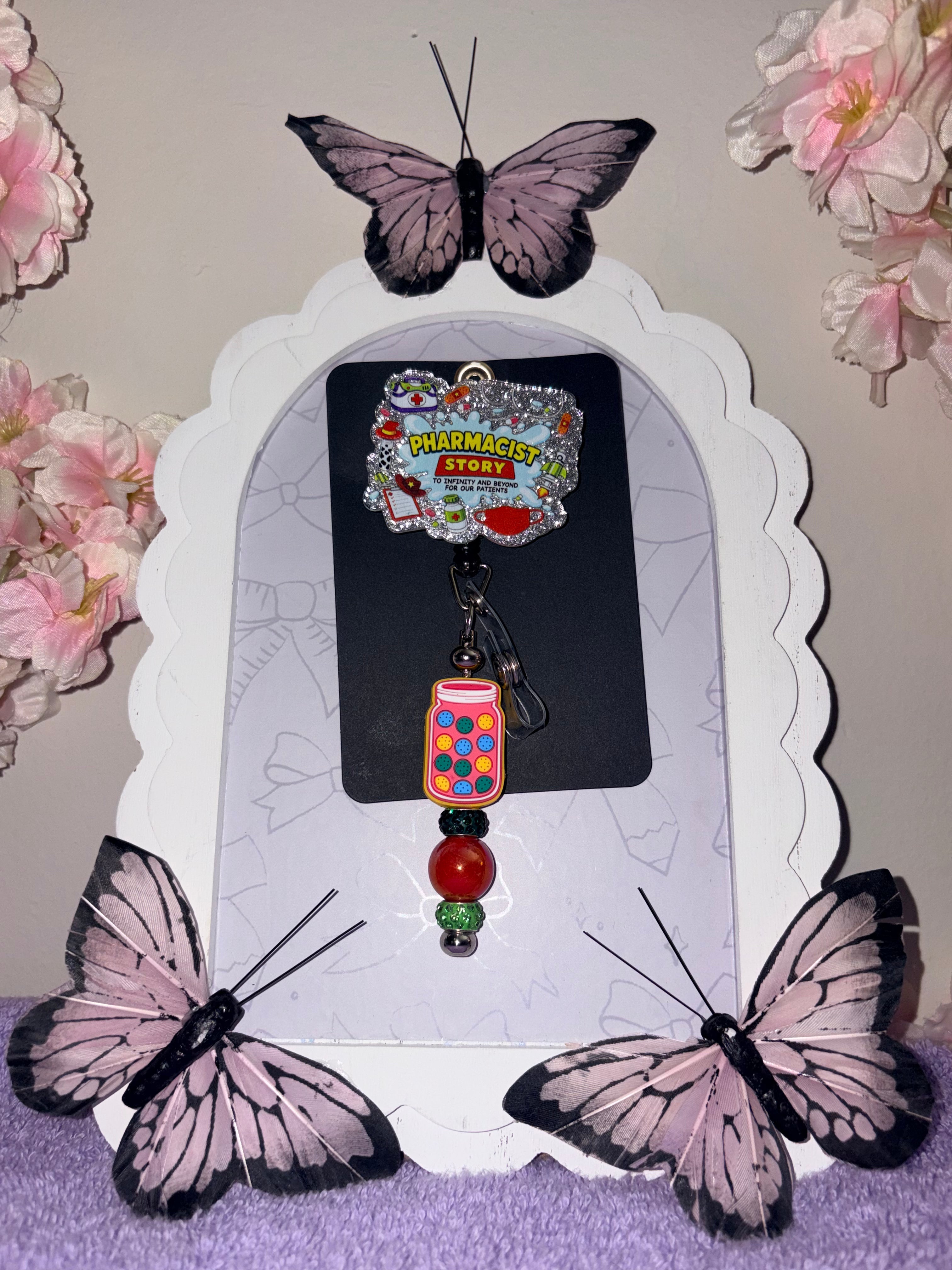 Pharmacist Story To Infinity and Beyond Silver Rhinestone Pill Jar Charm Beaded Badge Reel – Handmade