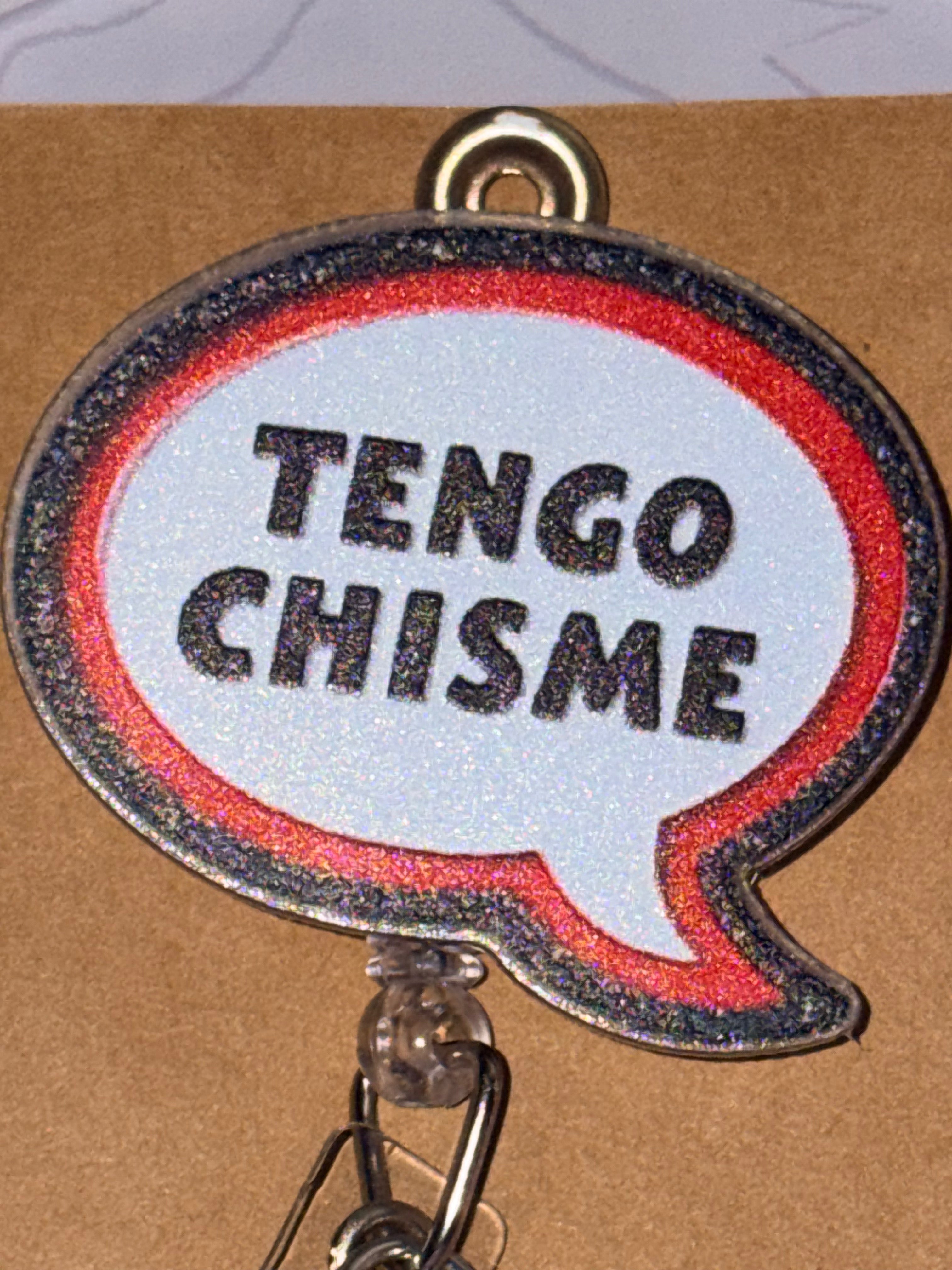 Tengo Chisme Holographic Speech Bubble Checkered Heart Beaded Badge Reel – Handmade