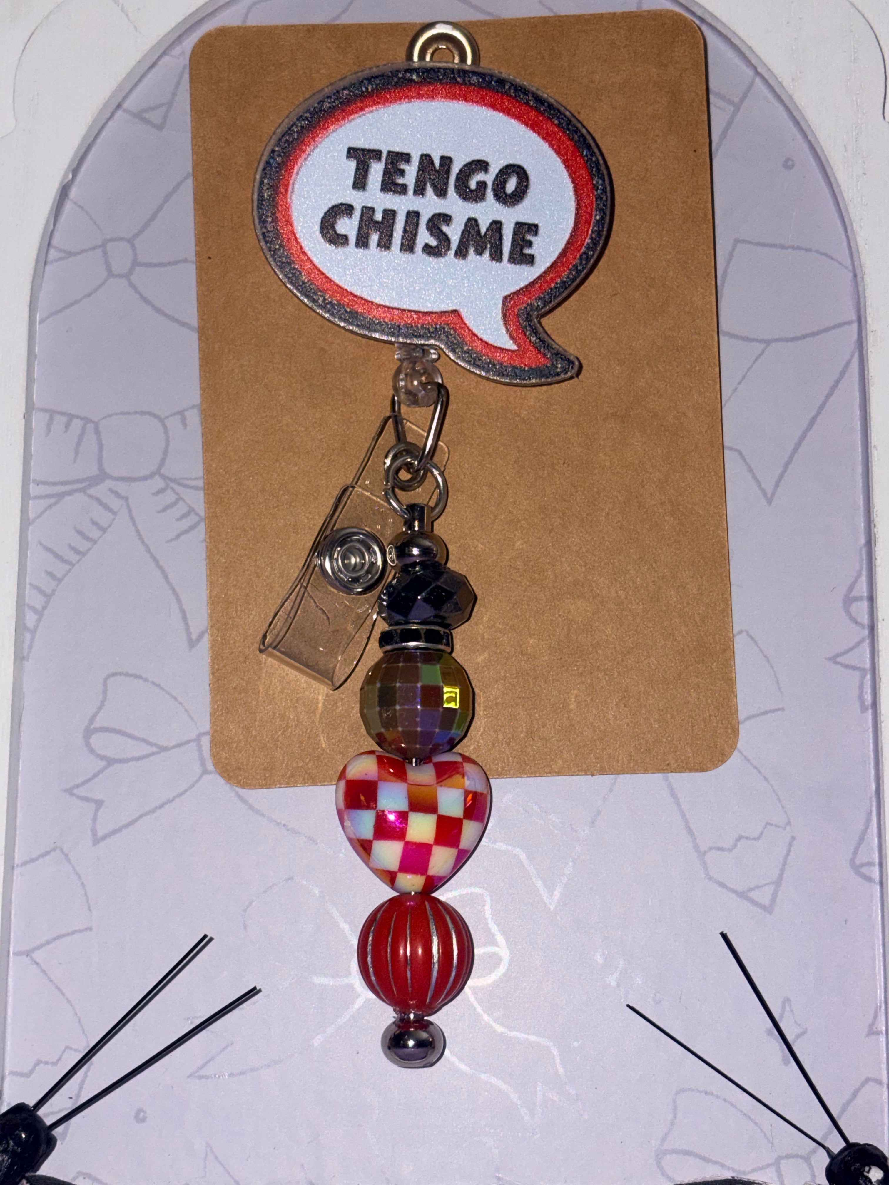Tengo Chisme Holographic Speech Bubble Checkered Heart Beaded Badge Reel – Handmade
