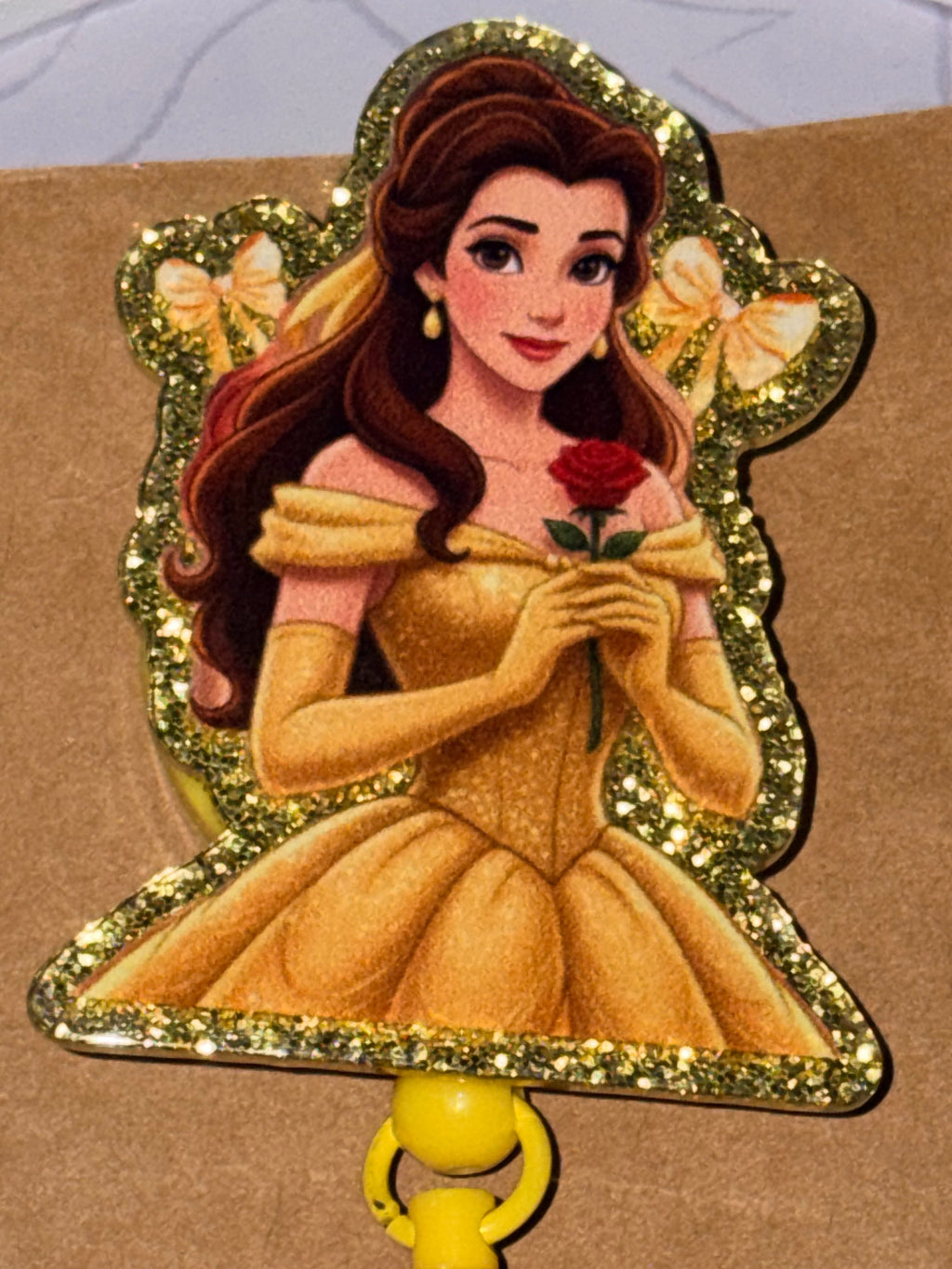 Beauty and the Beast Belle Gold Glitter Pearl Bow Beaded Badge Reel – Handmade