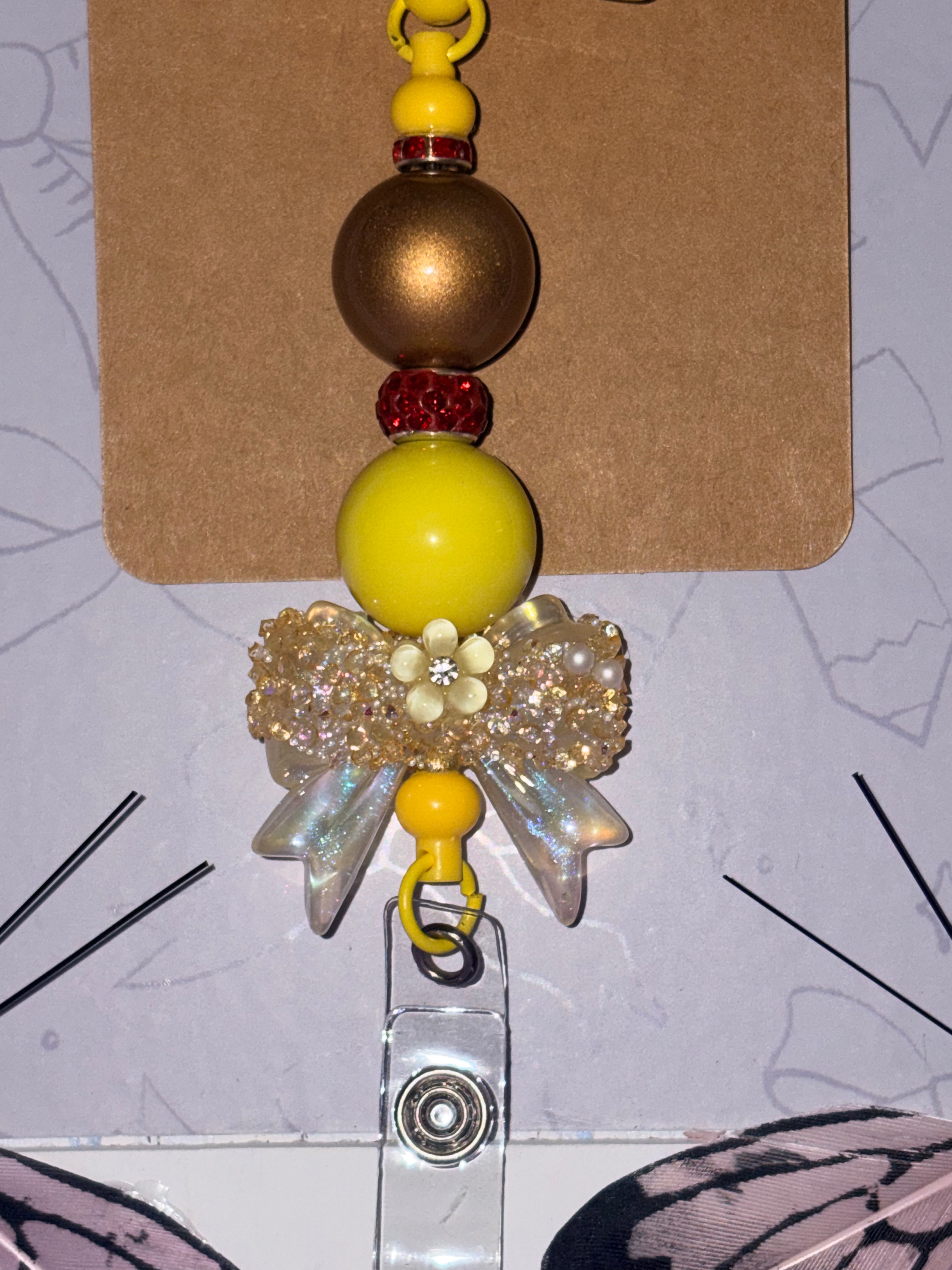 Beauty and the Beast Belle Gold Glitter Pearl Bow Beaded Badge Reel – Handmade