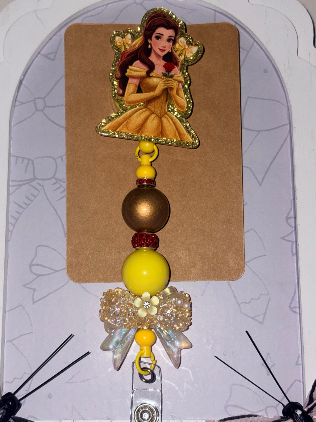 Beauty and the Beast Belle Gold Glitter Pearl Bow Beaded Badge Reel – Handmade